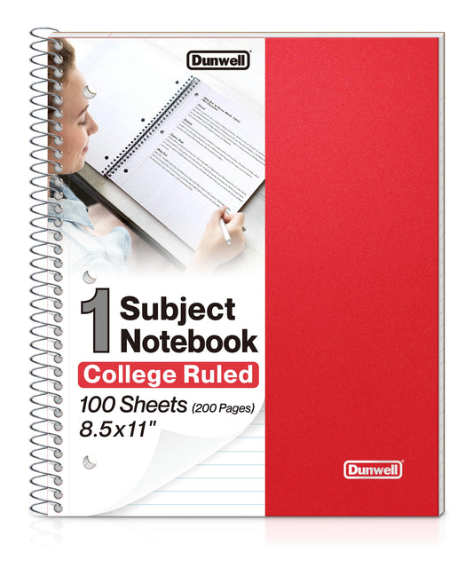 Dunwell 1-Subject College Ruled Spiral Notebook 8.5x11, 100 Sheets, Red