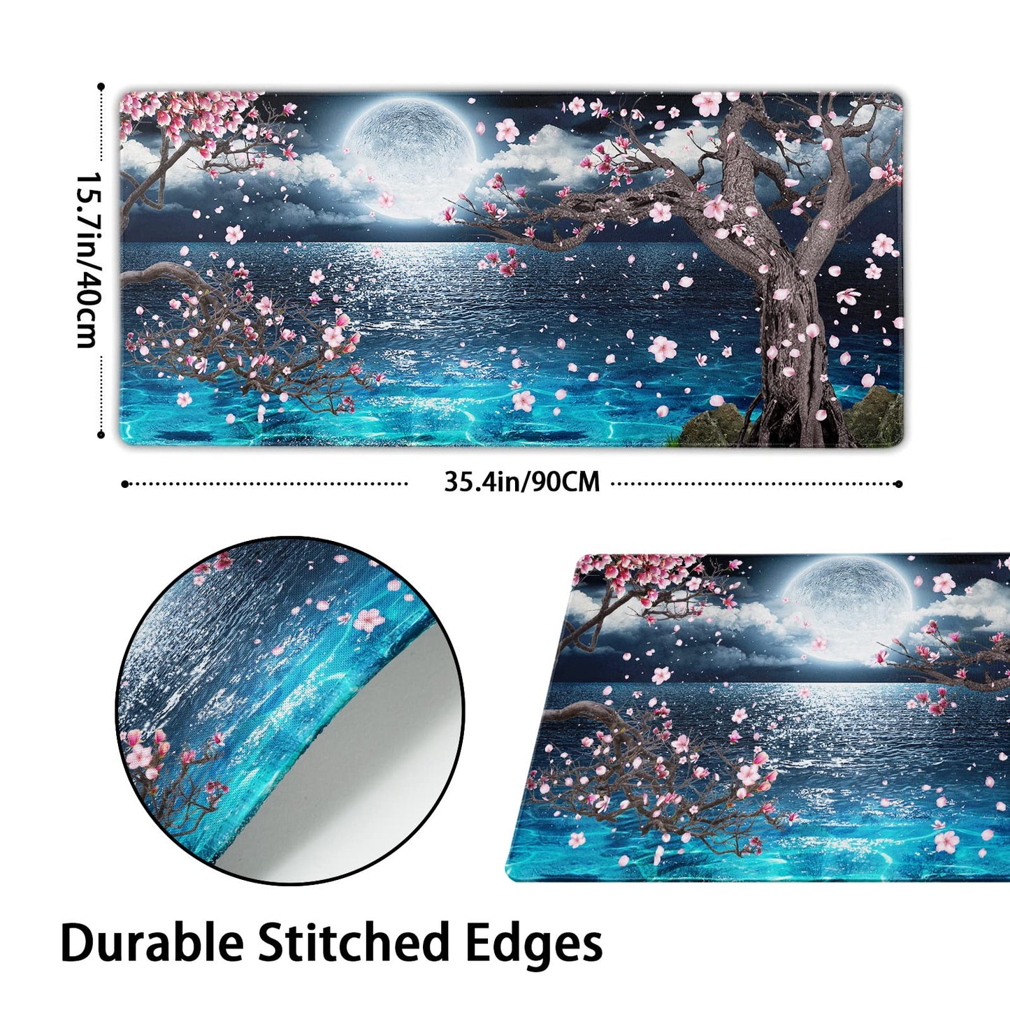 Pink Cherry Blossom Gaming Mouse Pad XXL Sakura Tree Blue Ocean Moon Night Extended Big Large Desk