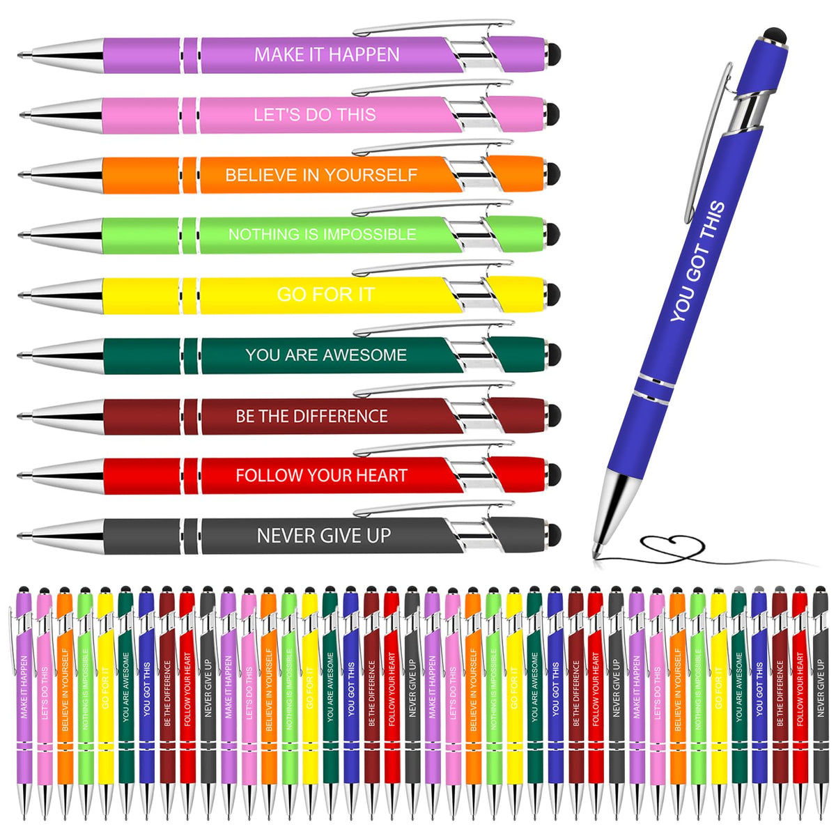 Greengines 50 PCS Motivational Bulk Pens with Stylus Tip Gifts Black Ink