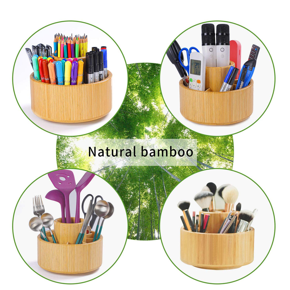 Utoplike Bamboo Rotating Art Supply Desk Organizer, Pencil Holder Desktop