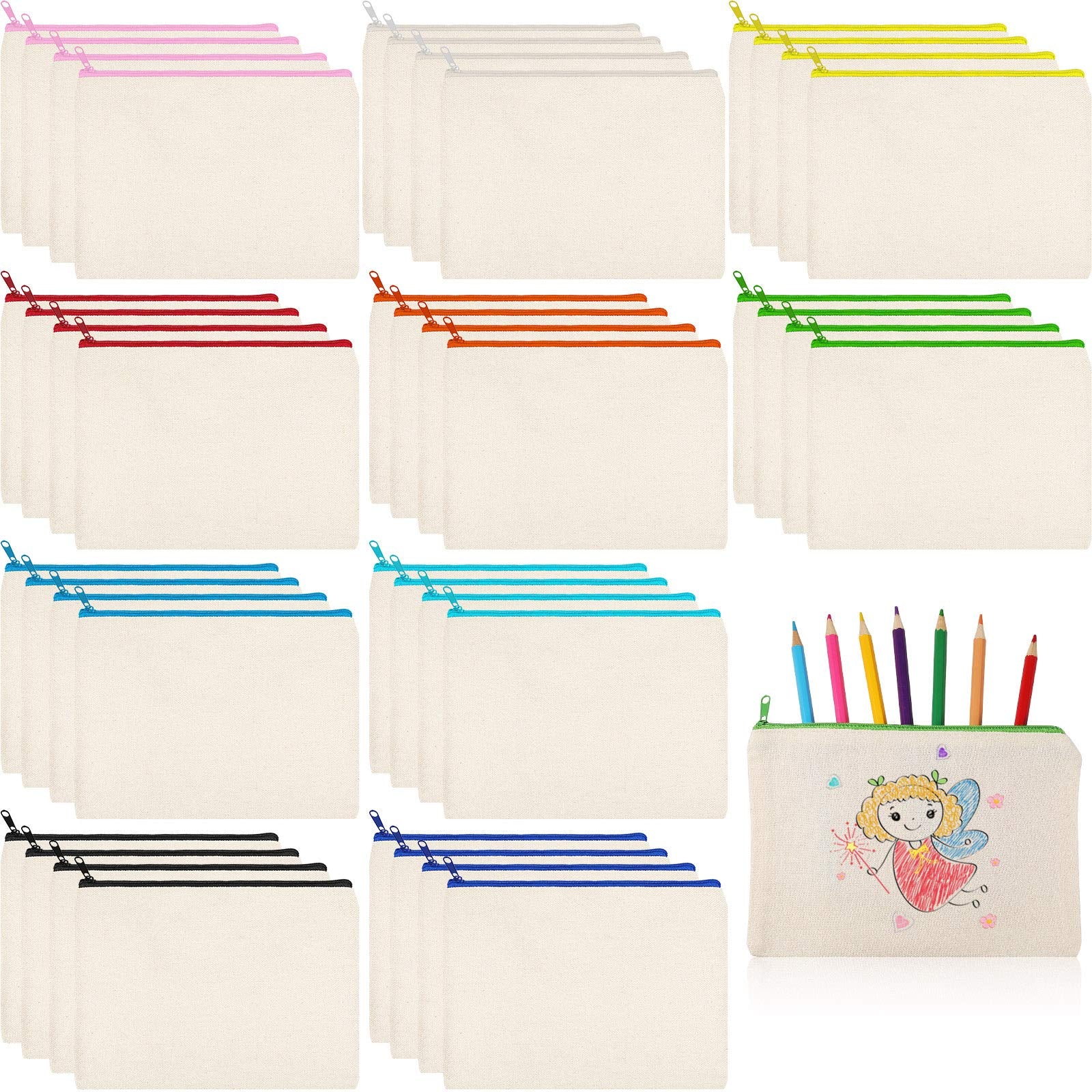 Shappy 40 Pcs Canvas Zipper Pouch Bags Pencil Pouch Bulk Canvas Makeup Bags Blank Pencil Case