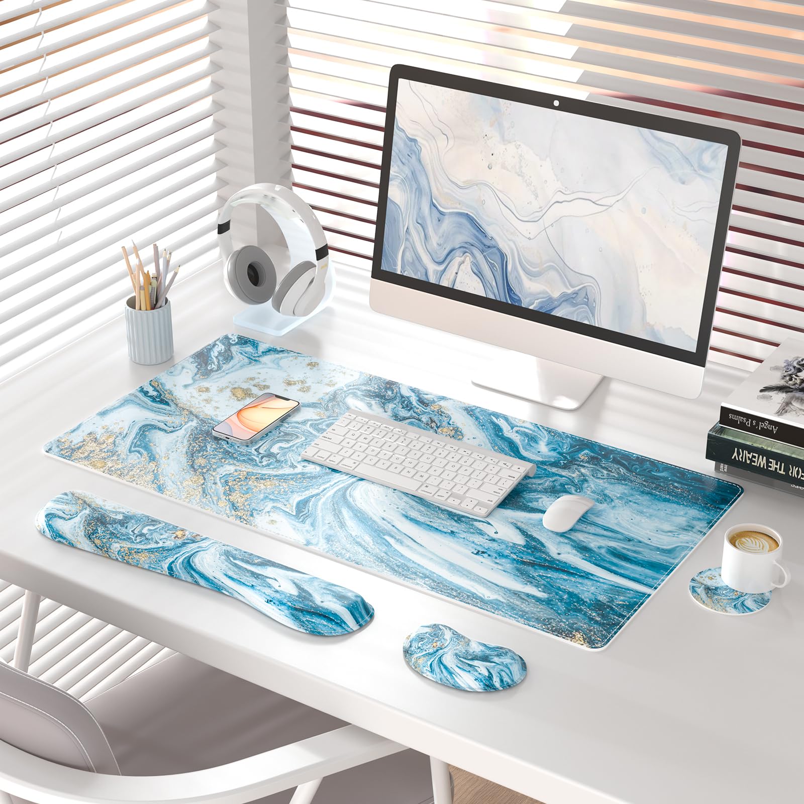QIYI PU Leather Desk Mat Set, 4-in-1 Ergonomic Wrist Rest, Blue Marble