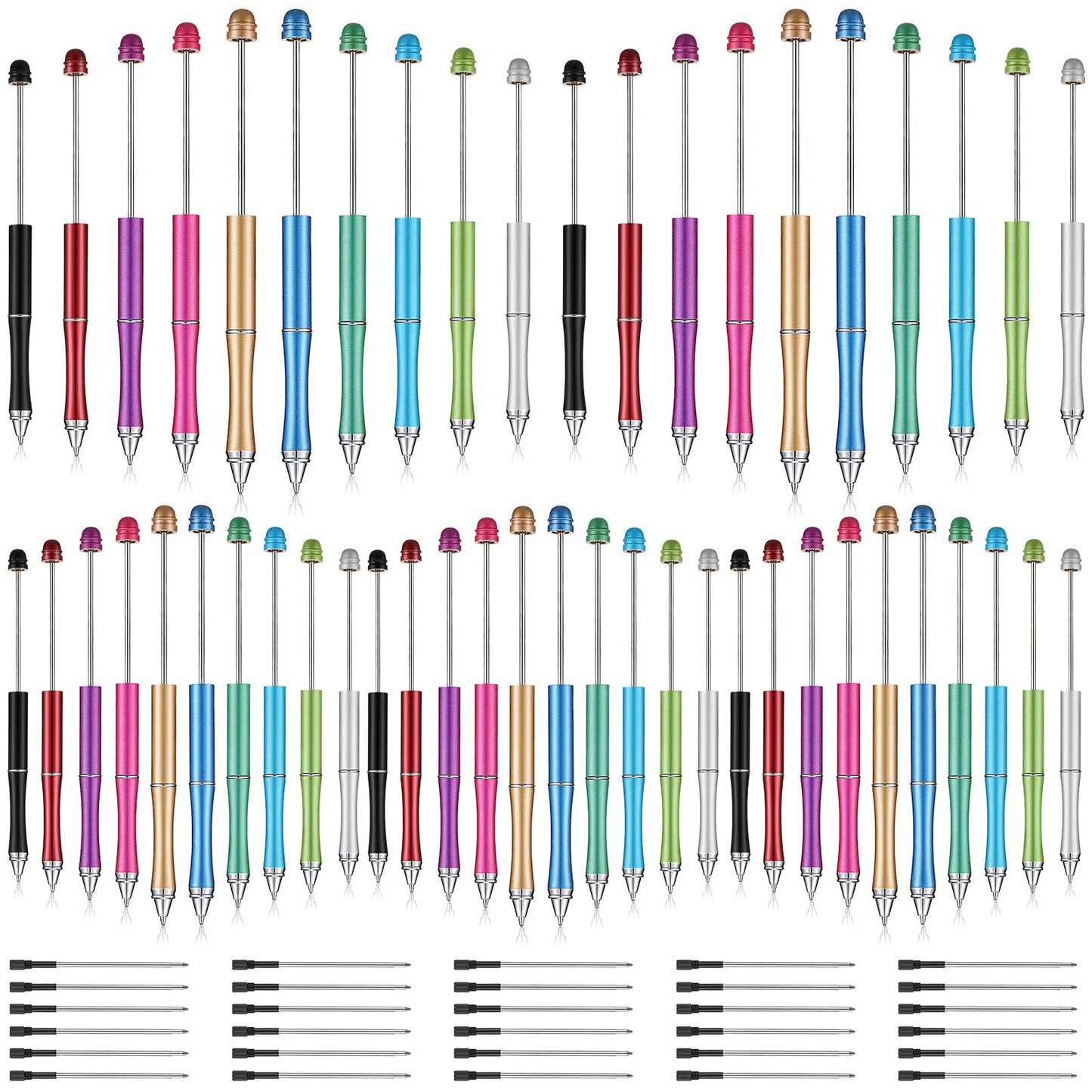 Chivao 50 Pieces Metal Beadable Pens Bulk Beaded Pens Black Ink Ballpoint with Refills Assorted