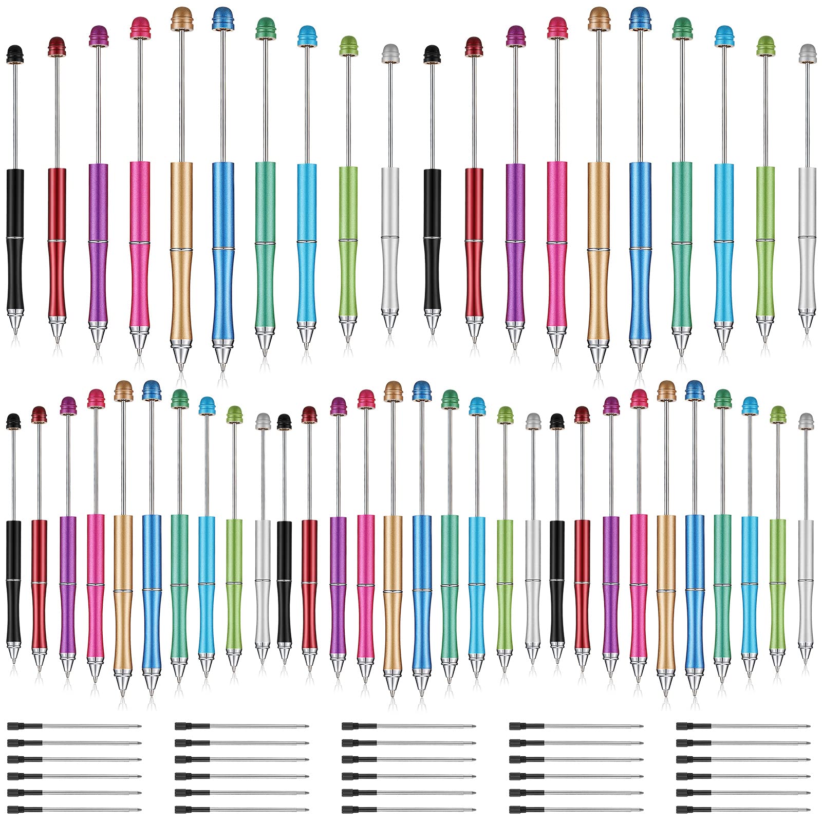 Chivao 50 Pieces Metal Beadable Pens Bulk Beaded Pens Black Ink Ballpoint with Refills Assorted