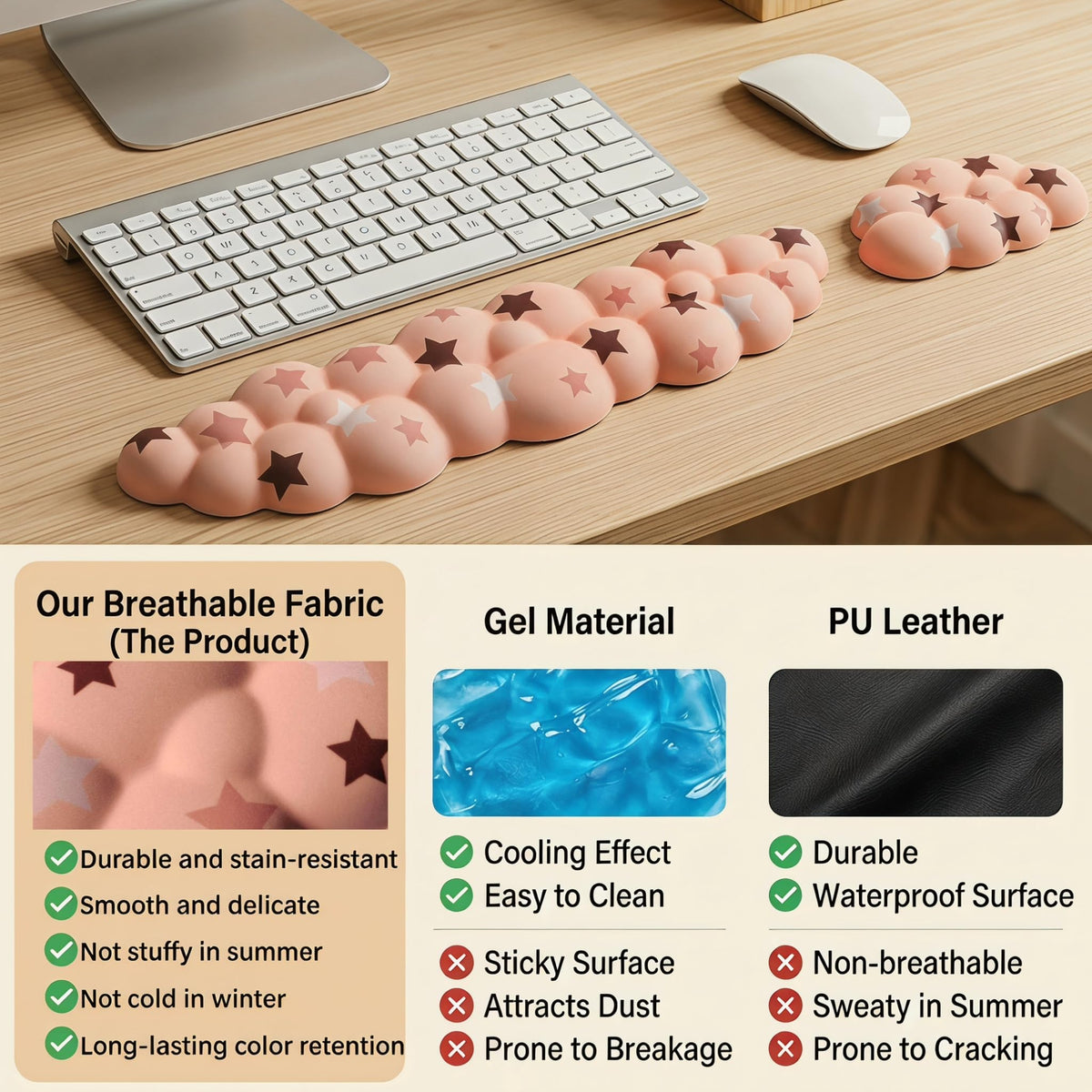 LJYZMD Cloud Wrist Rest Set for Keyboard & Mouse, Milk Tea Colorful Star