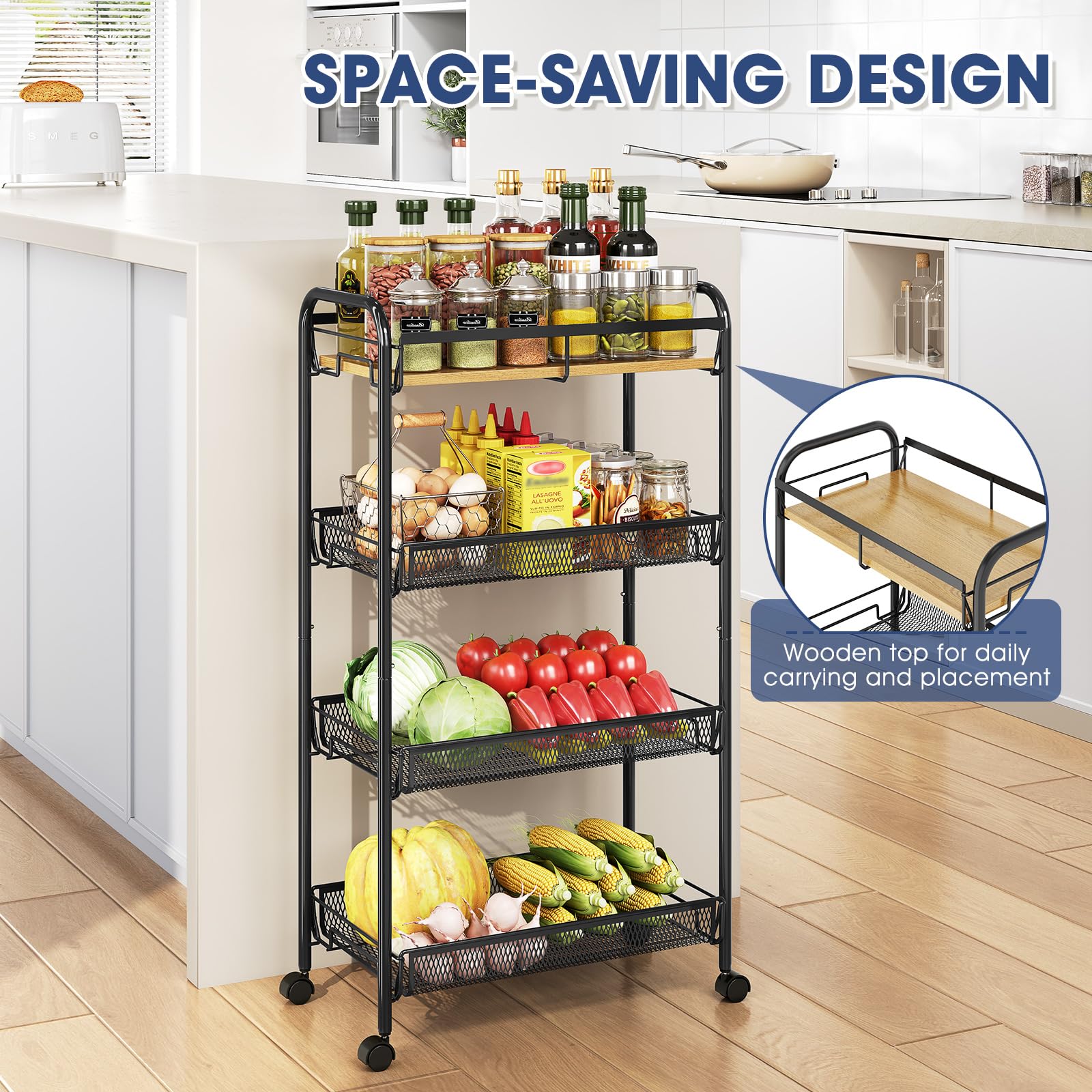 TOOLF 4-Tier Rolling Cart, Metal Utility Cart, Slide Out Storage Cart with Wooden Tabletop and Mesh
