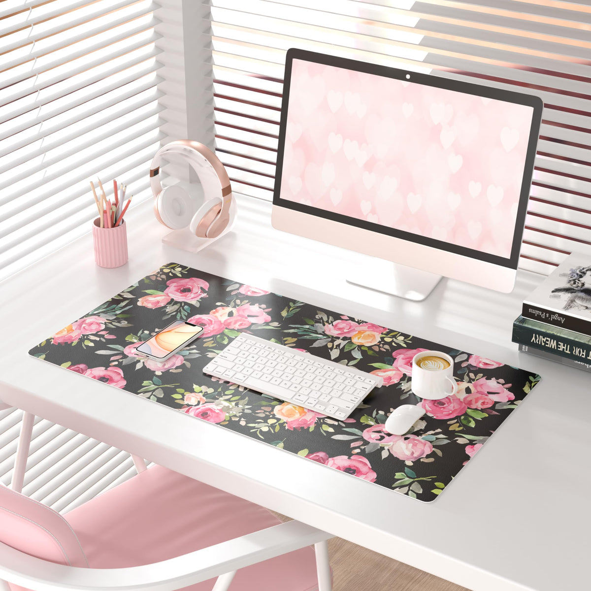 QiyI PU Leather Large Mouse Pad, Office Décor, 31.5" x 15.7", Pink Flowers