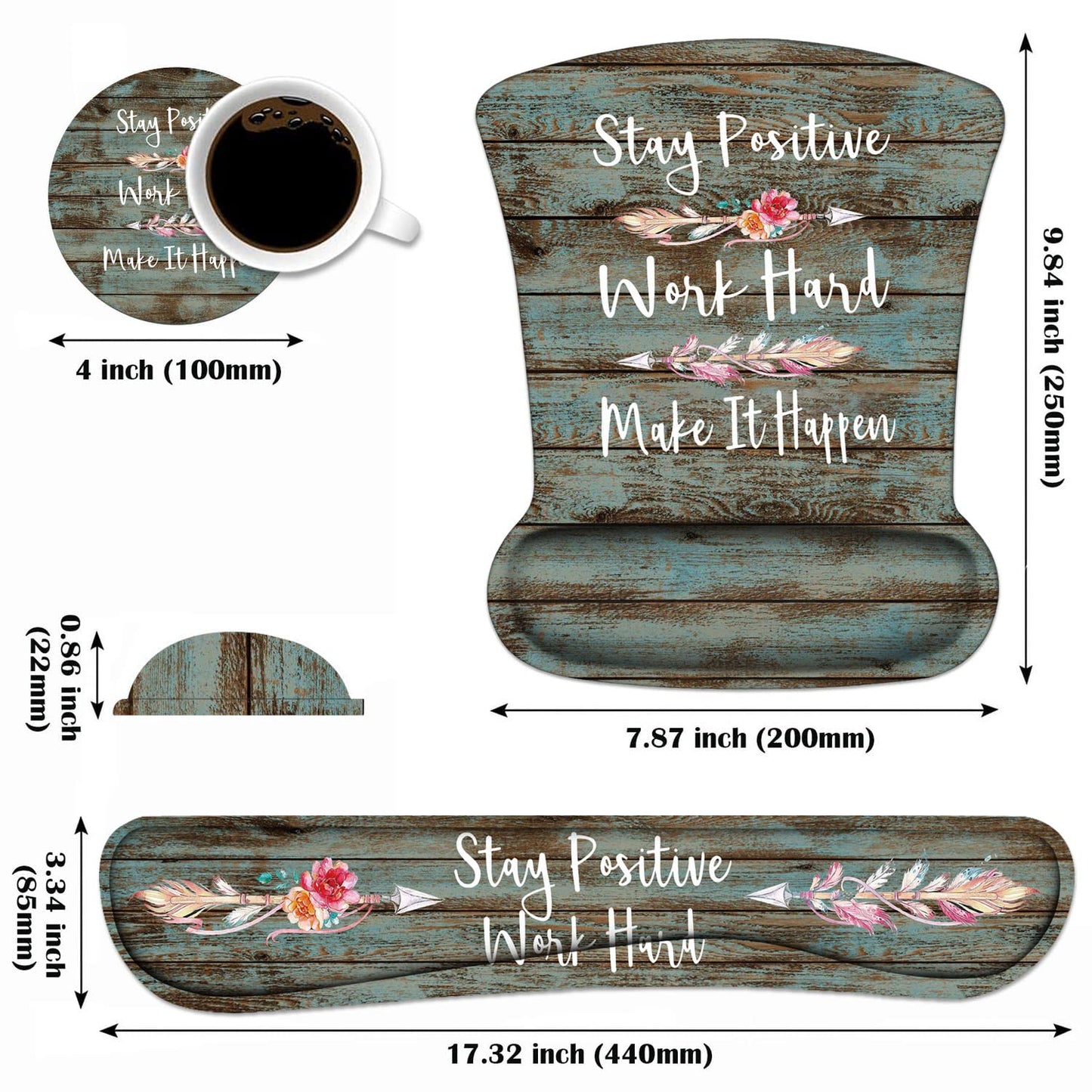 Keyboard Wrist Rest and Mouse Wrist Rest Pad Set with Coasters, Stay Positive Work Hard and Make It