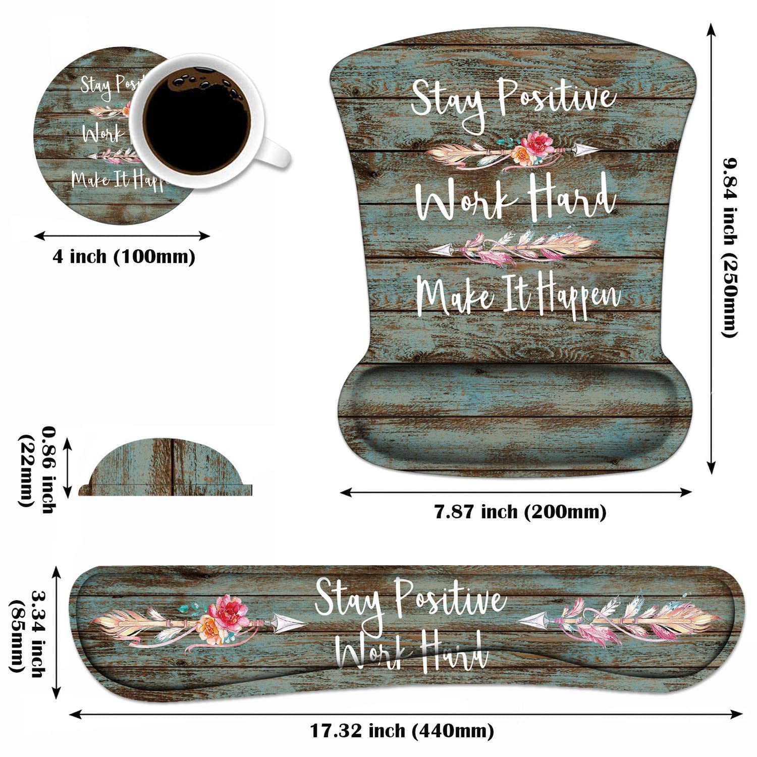 Keyboard Wrist Rest and Mouse Wrist Rest Pad Set with Coasters, Stay Positive Work Hard and Make It