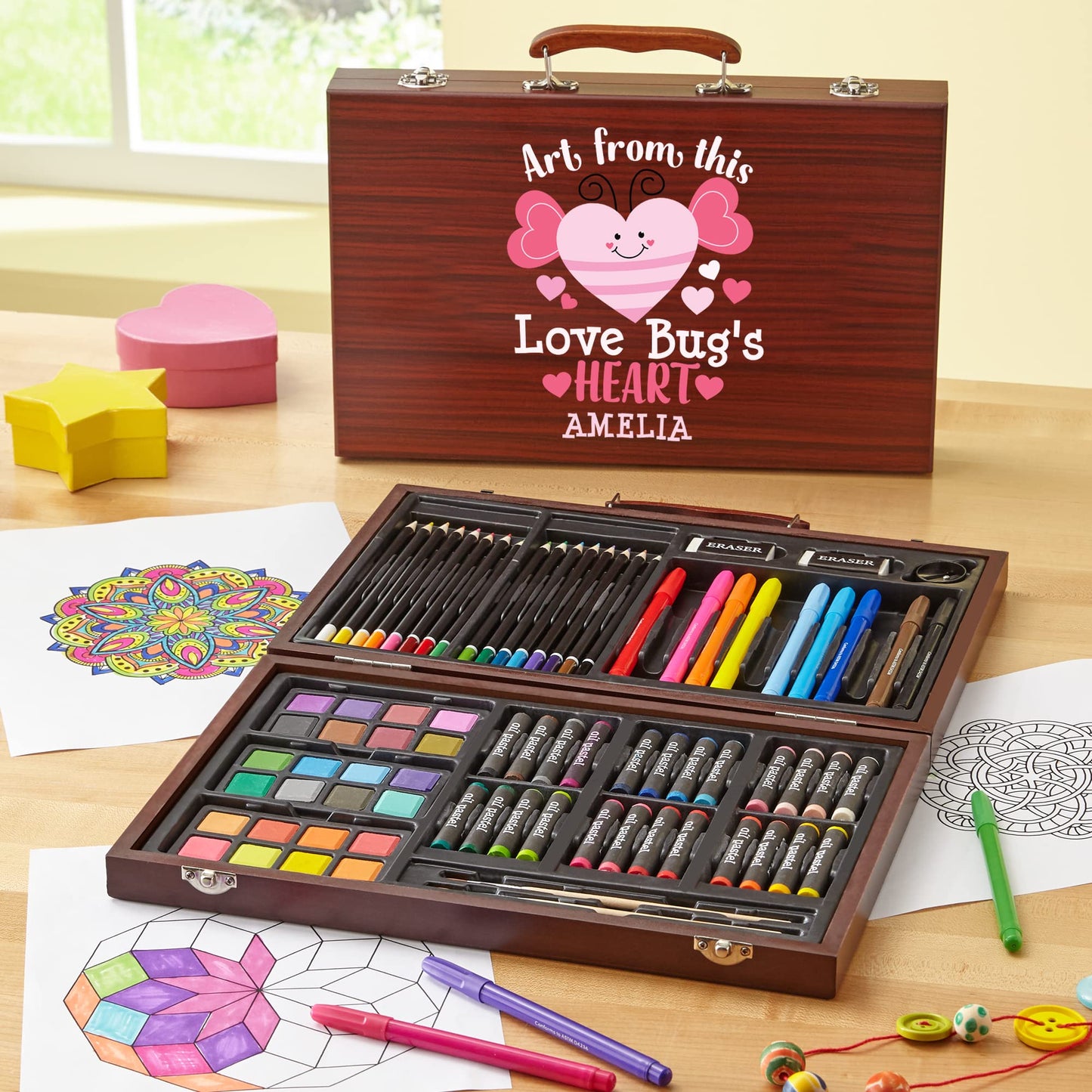 Let's Make Memories Personalized 80-Piece Deluxe Art Set - for Kids - Wood Carrying Case - Oil
