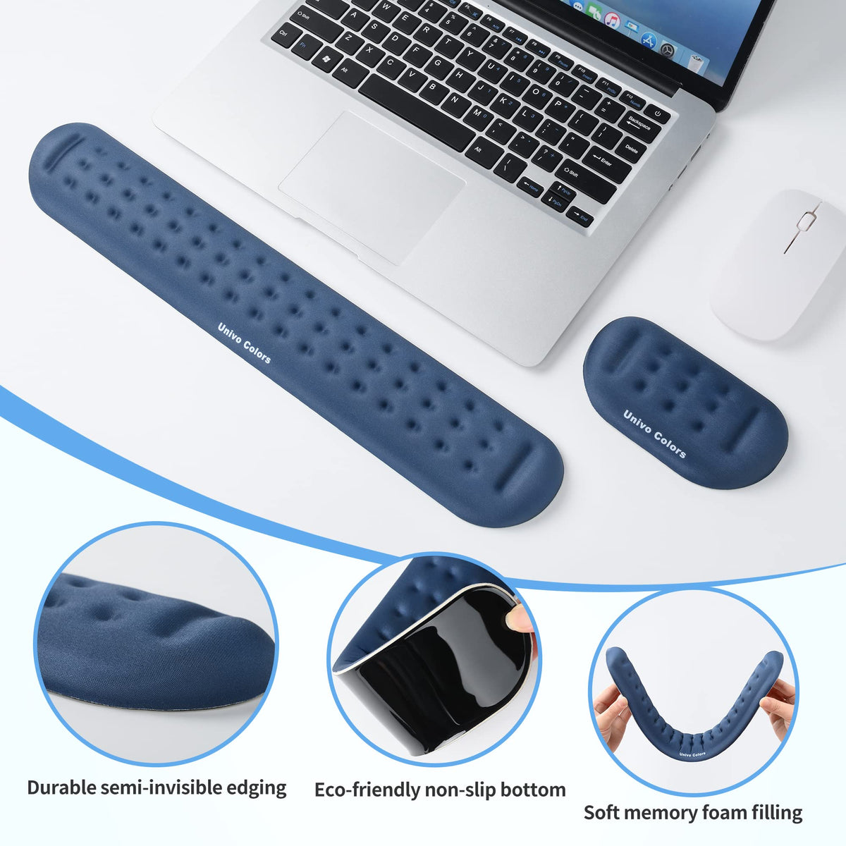 UnivoColors Navy Keyboard Wrist Support and Mouse Wrist Rest Set, Made of Memory Foam Soft Gel