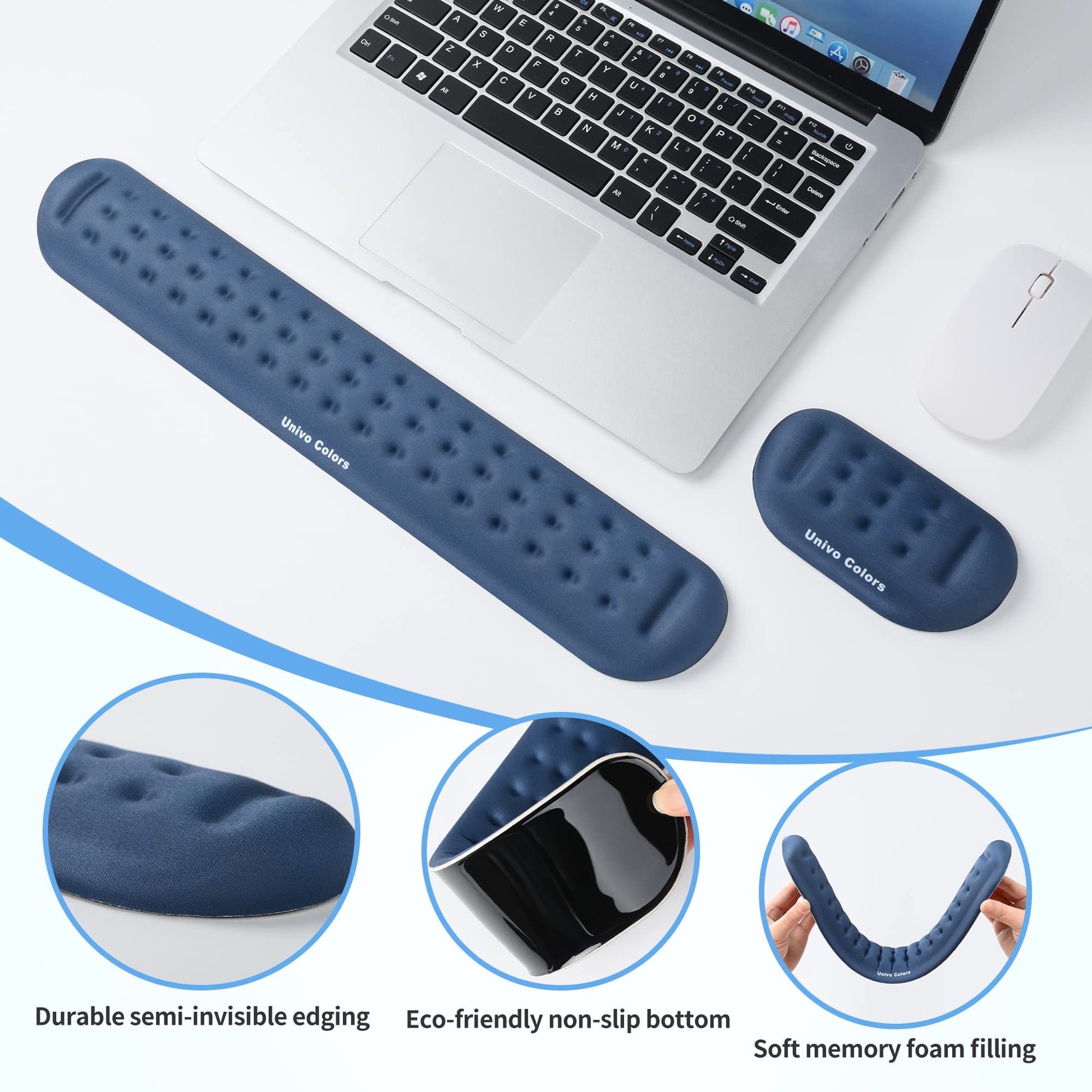 UnivoColors Navy Keyboard Wrist Support and Mouse Wrist Rest Set, Made of Memory Foam Soft Gel