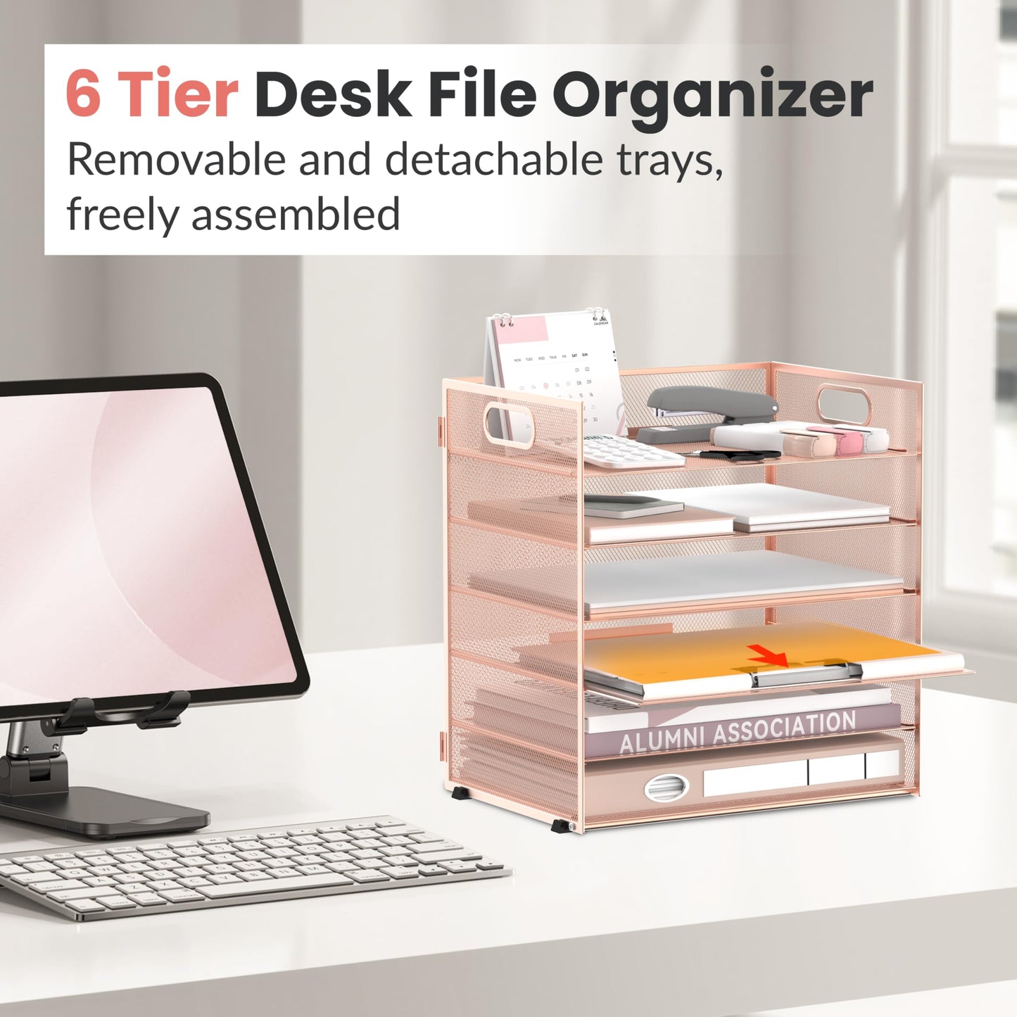 Daltack 6-Tier Paper Organizer for Desk with Handle, Rose Gold, 2 Pack