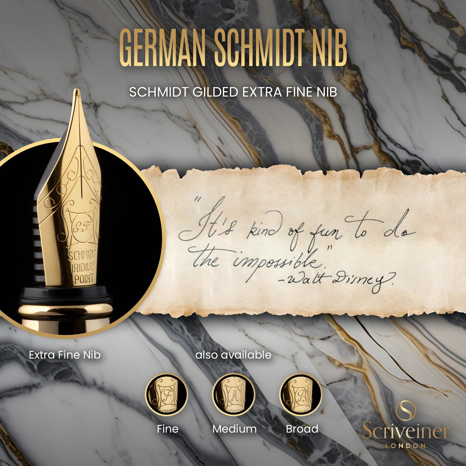 Scriveiner Silver Chrome Fountain Pen - Stunning Luxury Pen, Real Gold Finish, Schmidt Gilded Nib