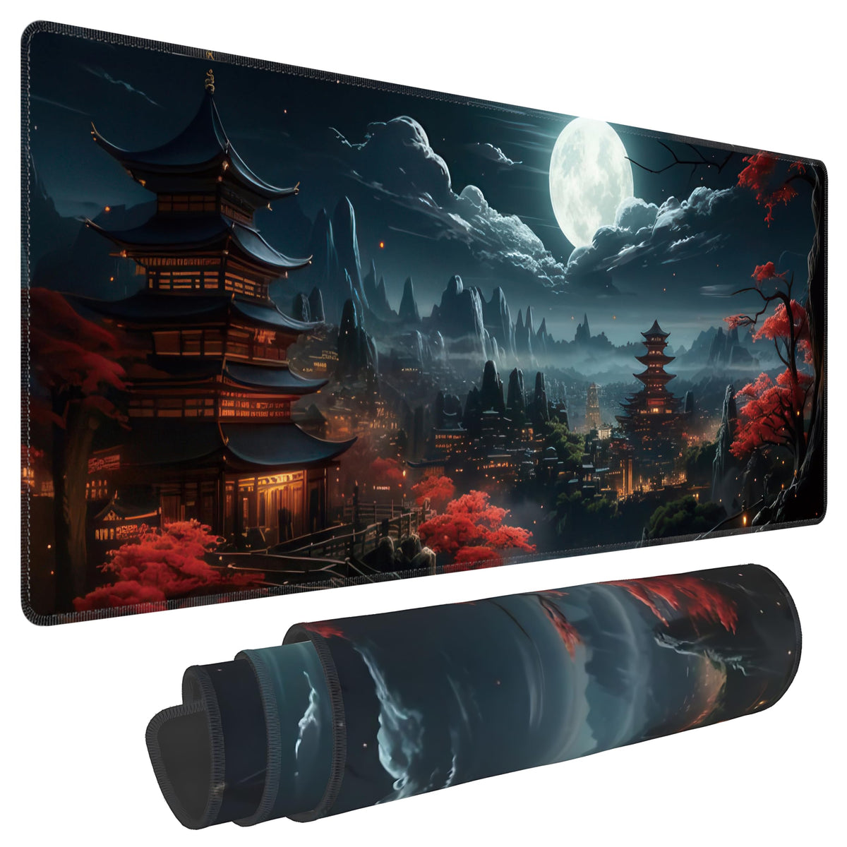 Japanese Full Moon Large Mouse Pad,Gaming Keyboard Desk Pad,Extended Mouse Mat Non-Slip Rubber Base