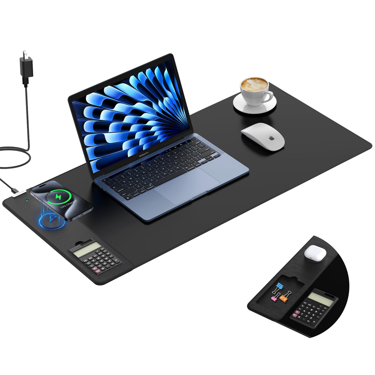 Mouse Pad with 15W Wireless Charging, Removable 8-Digit Solar Calculator