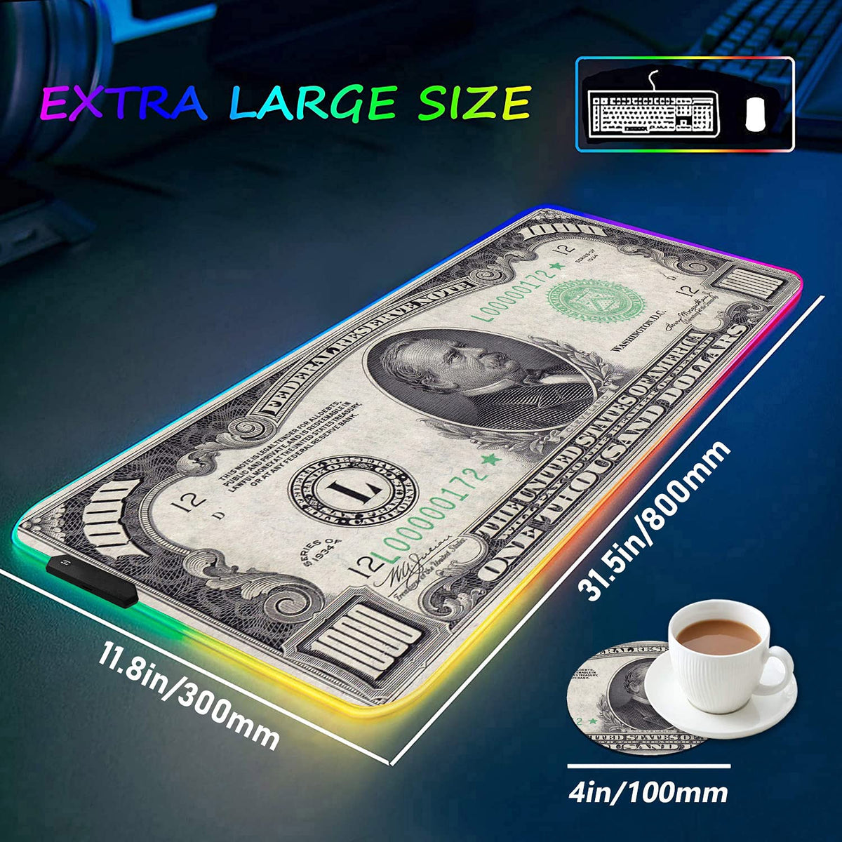 RGB Gaming Mouse Pad with Coffee Coaster, XXL Large Glowing LED Mousepad, Anti-Slip Rubber Base
