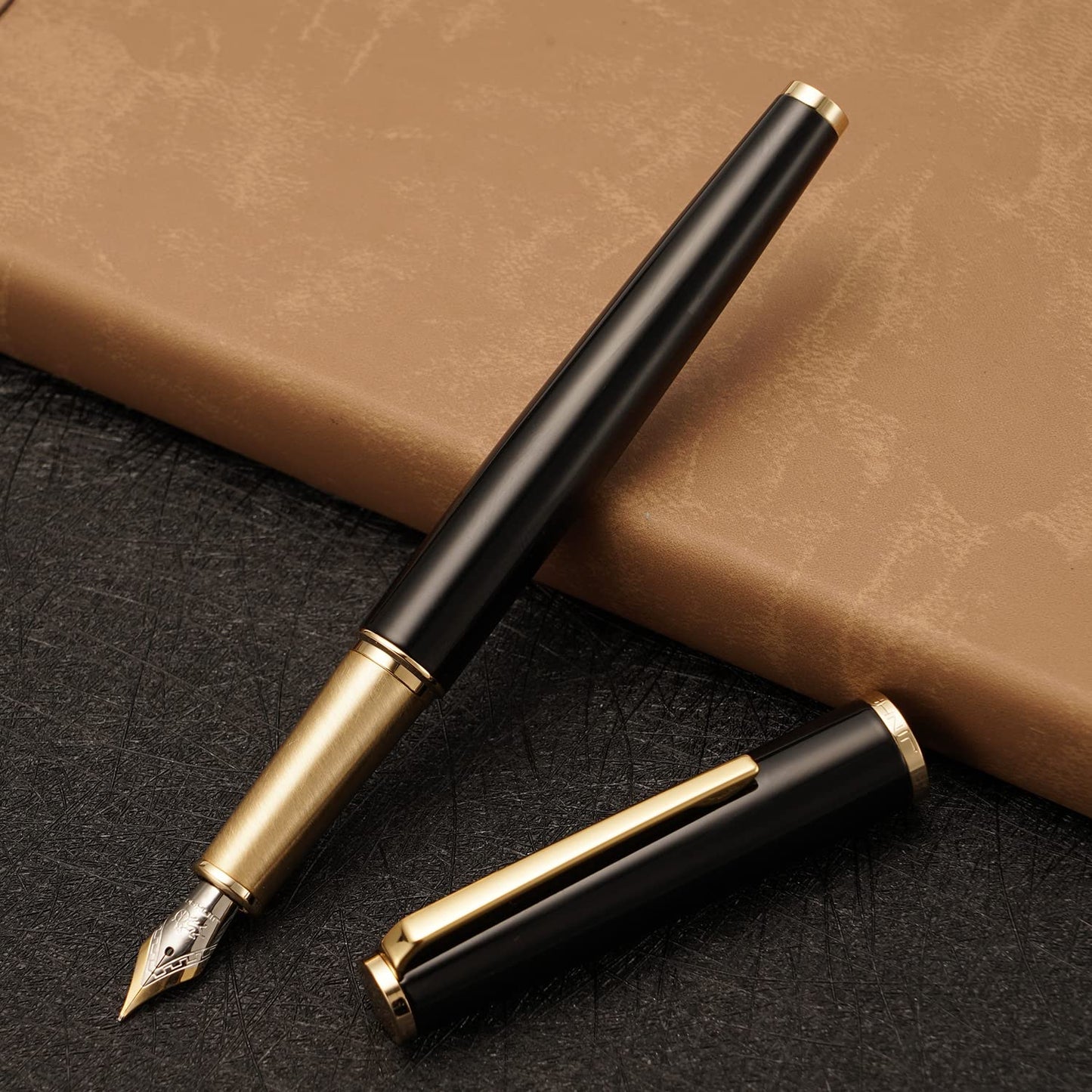 Jinhao 95 Metal Fountain Pen Fine Nib, Vivid Black with Golden Clip Writing Pen