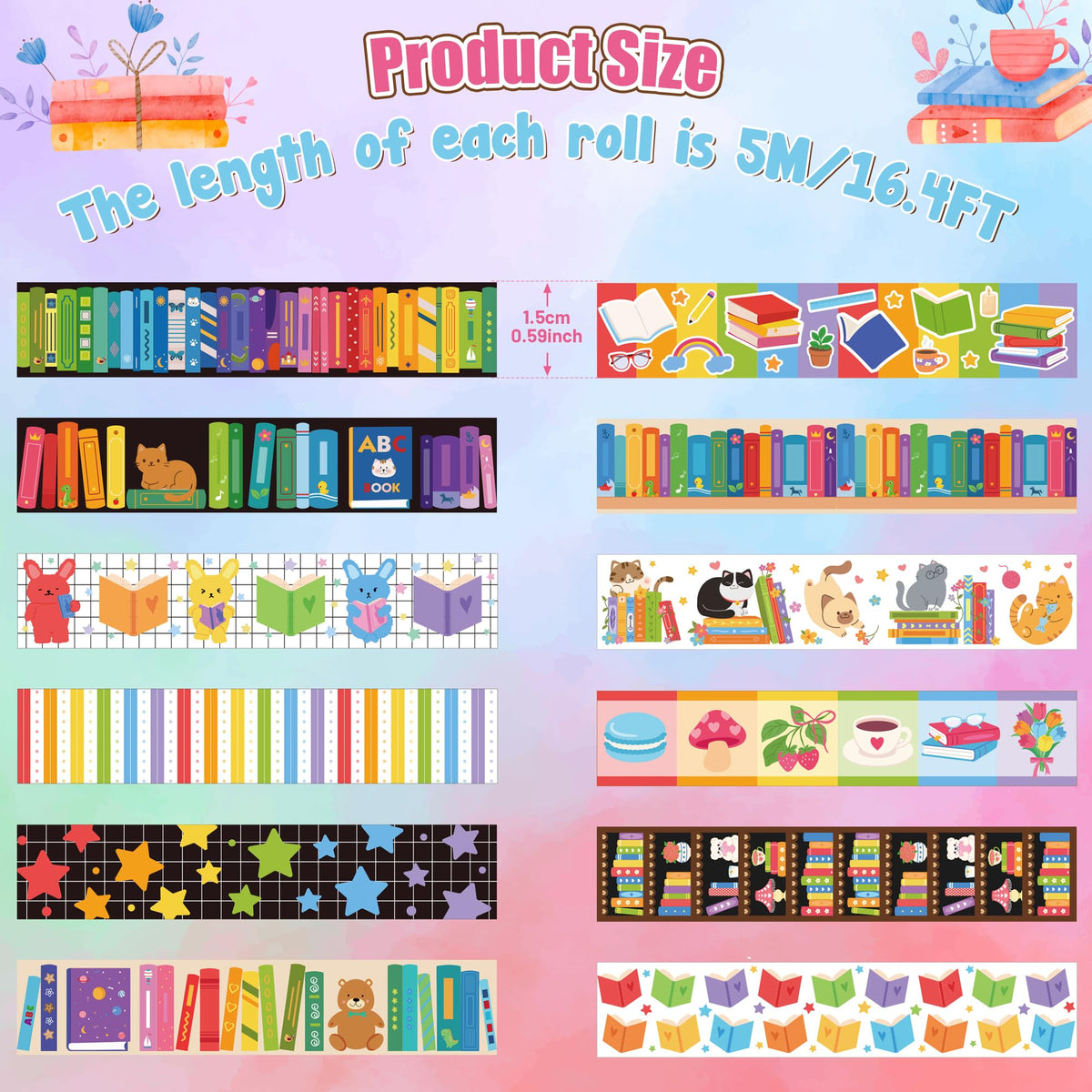 BkeeCten 12 Rolls Colorful Books Tearable Adhesive Clear Pattern Washi Tape