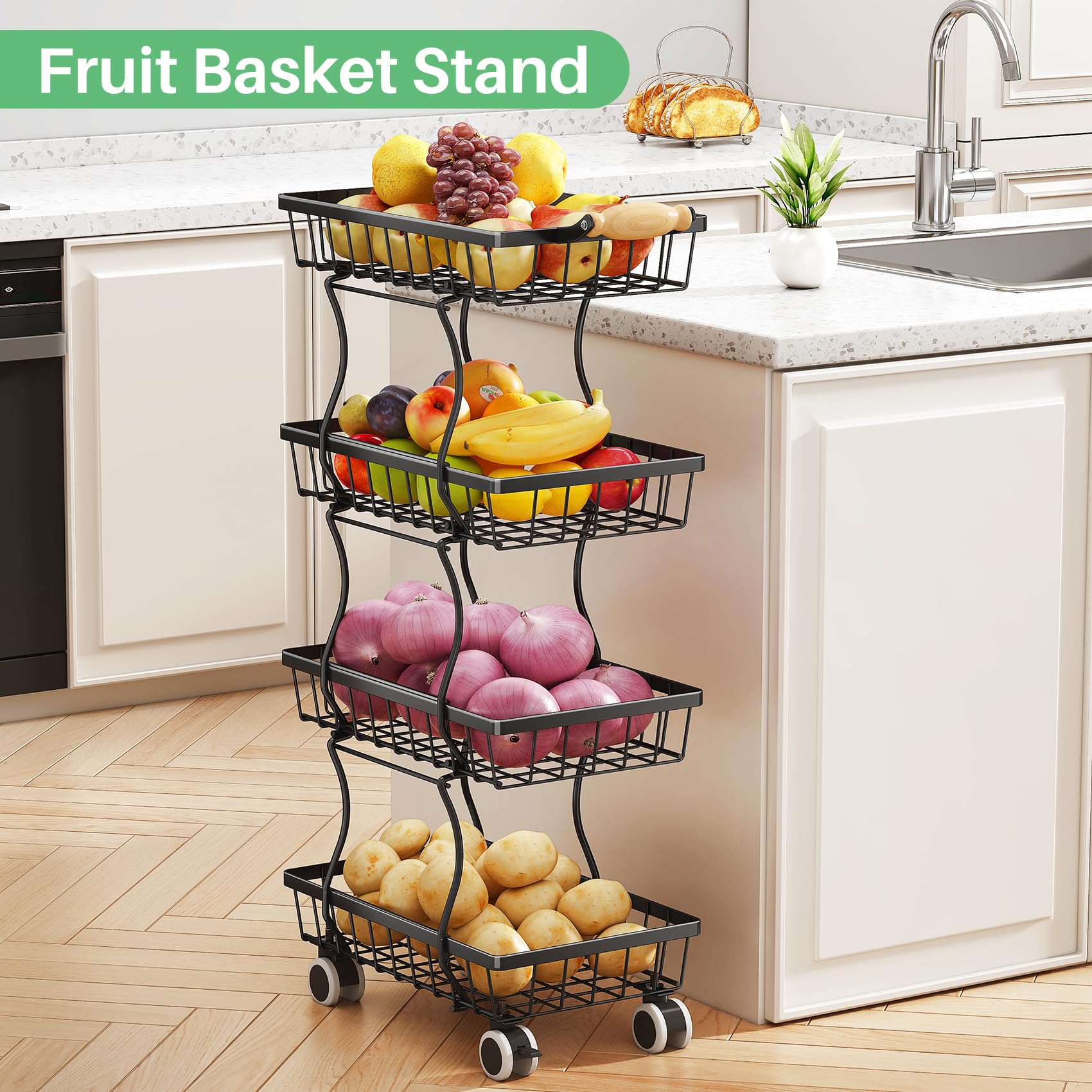 SAYZH 4-Tier Fruit Basket Stand with Vegetable Baskets for Kitchen, Black