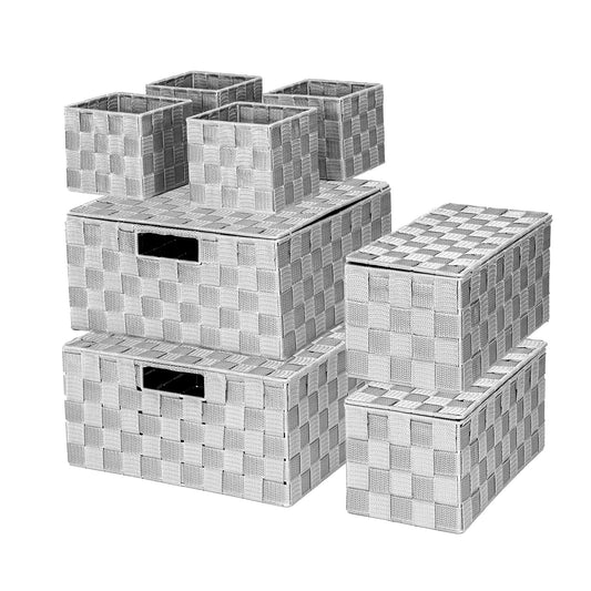 ArcaGuru Woven Polypropylene Basket Set of 8, Woven Storage Basket, Woven Strap Baskets, Woven