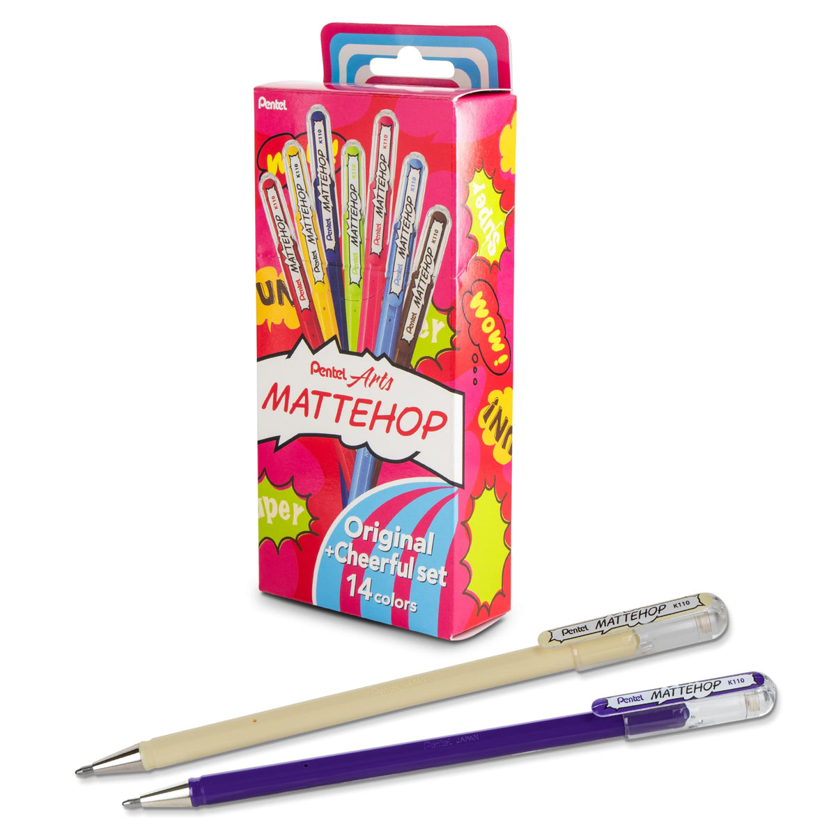 Pentel Mattehop Gel Pens, Original + Cheerful Colors Box Set, (1.0mm), Bold Line, 14 Assorted