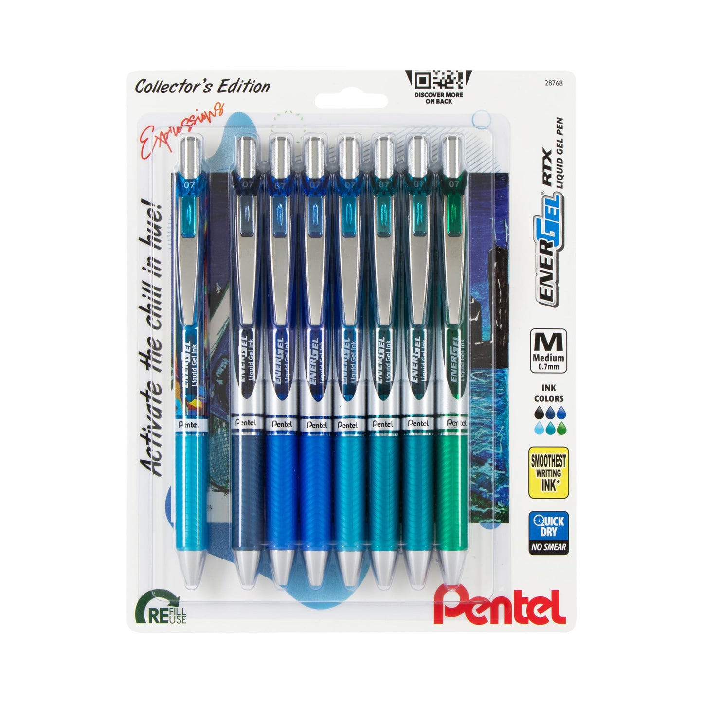 Pentel EnerGel RTX Retractable Liquid Gel Pen, Chill Expressions Pack, 0.7mm, Metal Tip, Medium