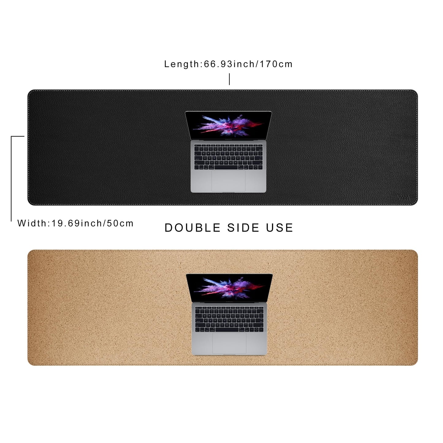 Vyaaa 66.9"x19.6" PU Leather & Cork Large Desk Mat (Black) - XXL Extended Mouse pad, Reversible