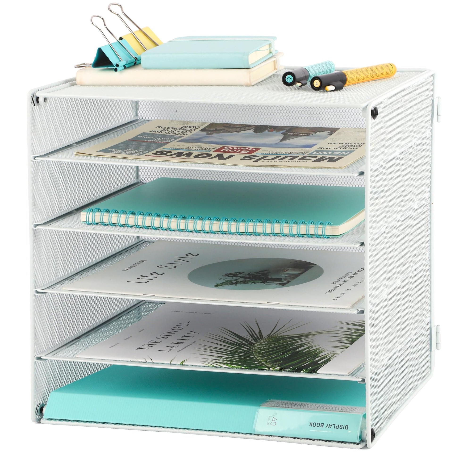 EASEPRES 5 Slot Mesh Desk Organizer Tray, File Paper Letter Folder Holder Desktop Paper Sorter Mail