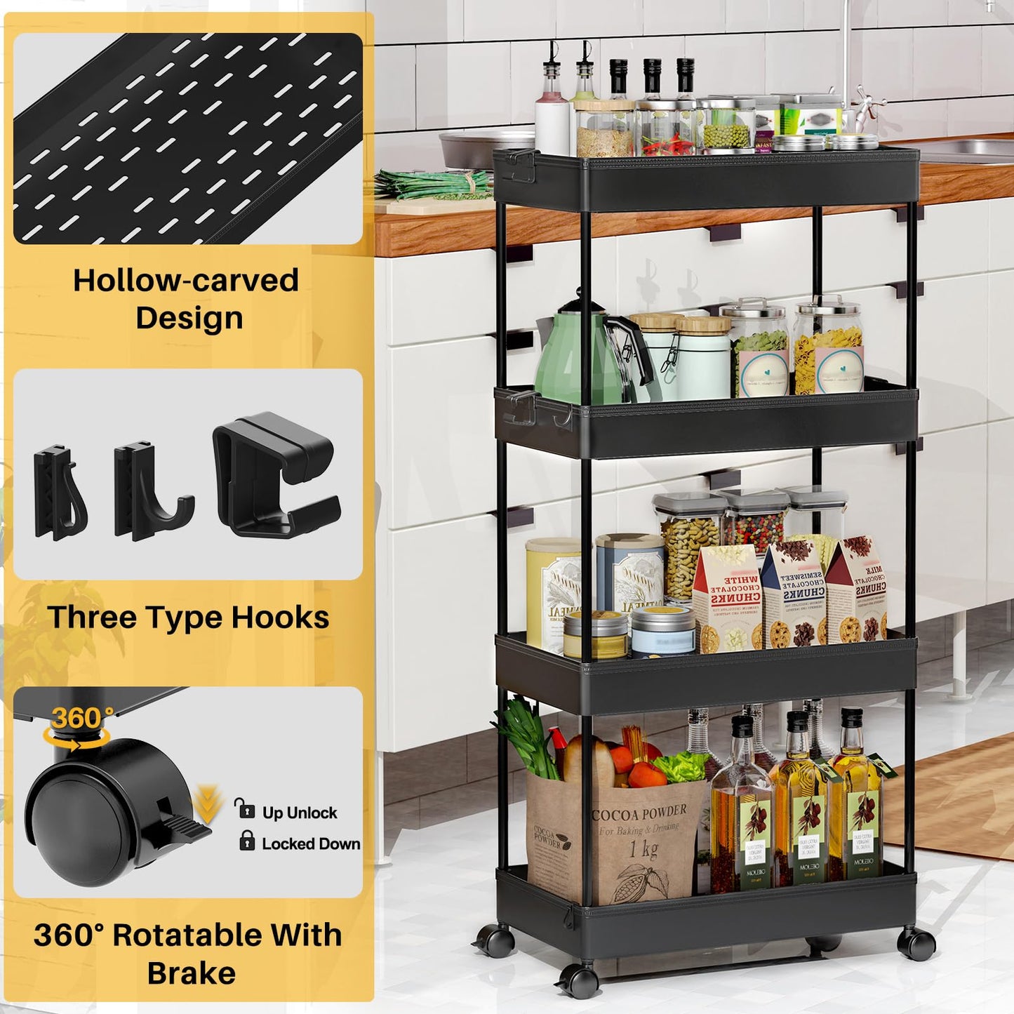 SPACEKEEPER Storage Cart 4-Tier, Bathroom Rolling Cart Utility Storage Organizer Shelf Mobile
