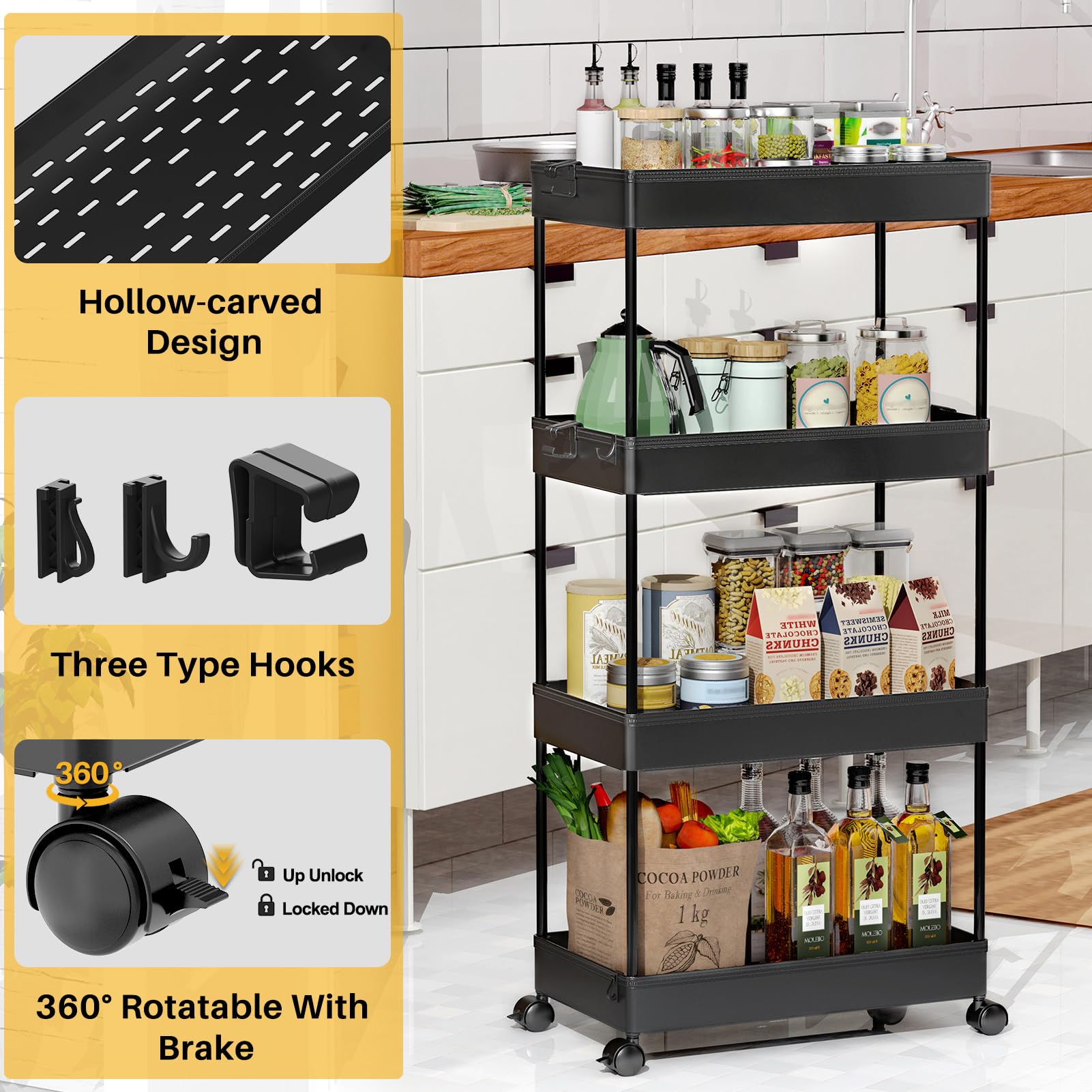 SPACEKEEPER Storage Cart 4-Tier, Bathroom Rolling Cart Utility Storage Organizer Shelf Mobile