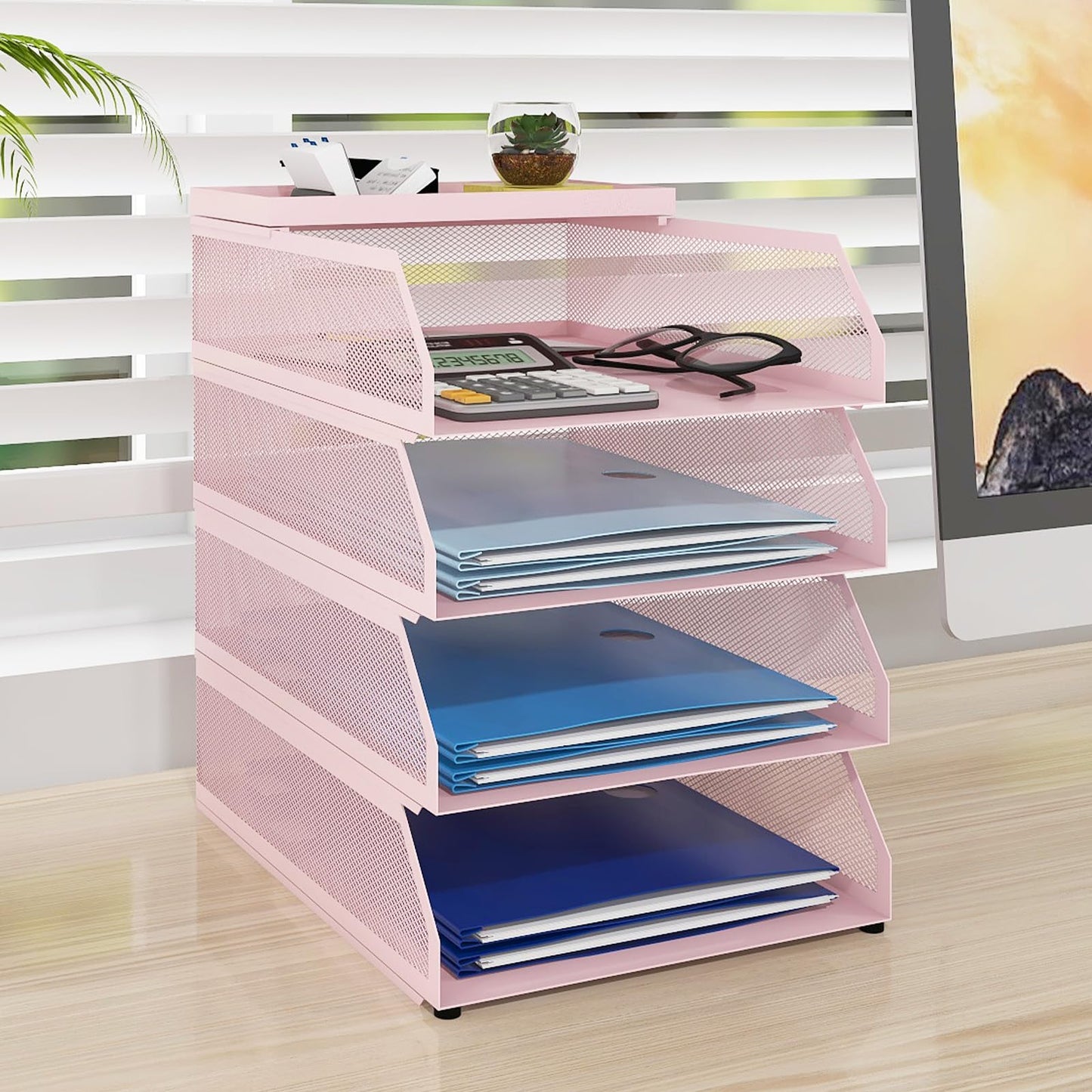 Natwind 4-Tier Stackable Metal Mesh Desk Paper Tray Organizer,Pink