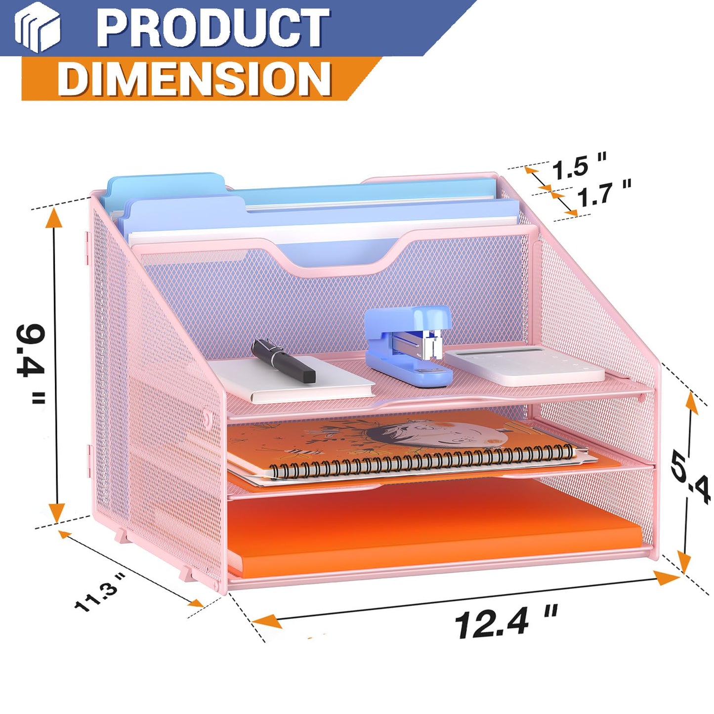 GAWERK Letter Tray Organizer, Mesh Desk File Organizer with 3 Paper Trays and 2 Vertical Upright