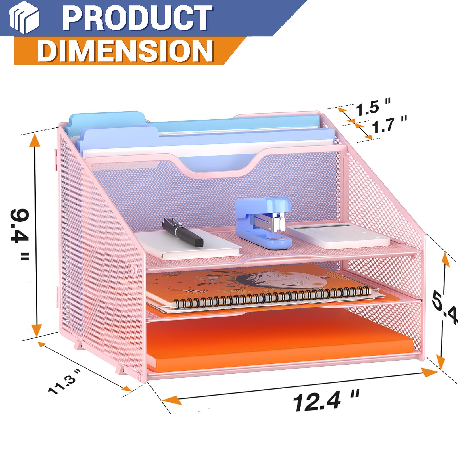 GAWERK Letter Tray Organizer, Mesh Desk File Organizer with 3 Paper Trays and 2 Vertical Upright