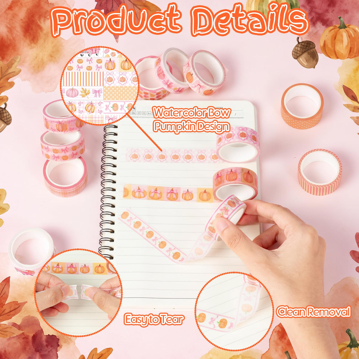 BkeeCten Fall Bow Pumpkin Washi Tape, 12 Rolls Watercolor Decorative Tape