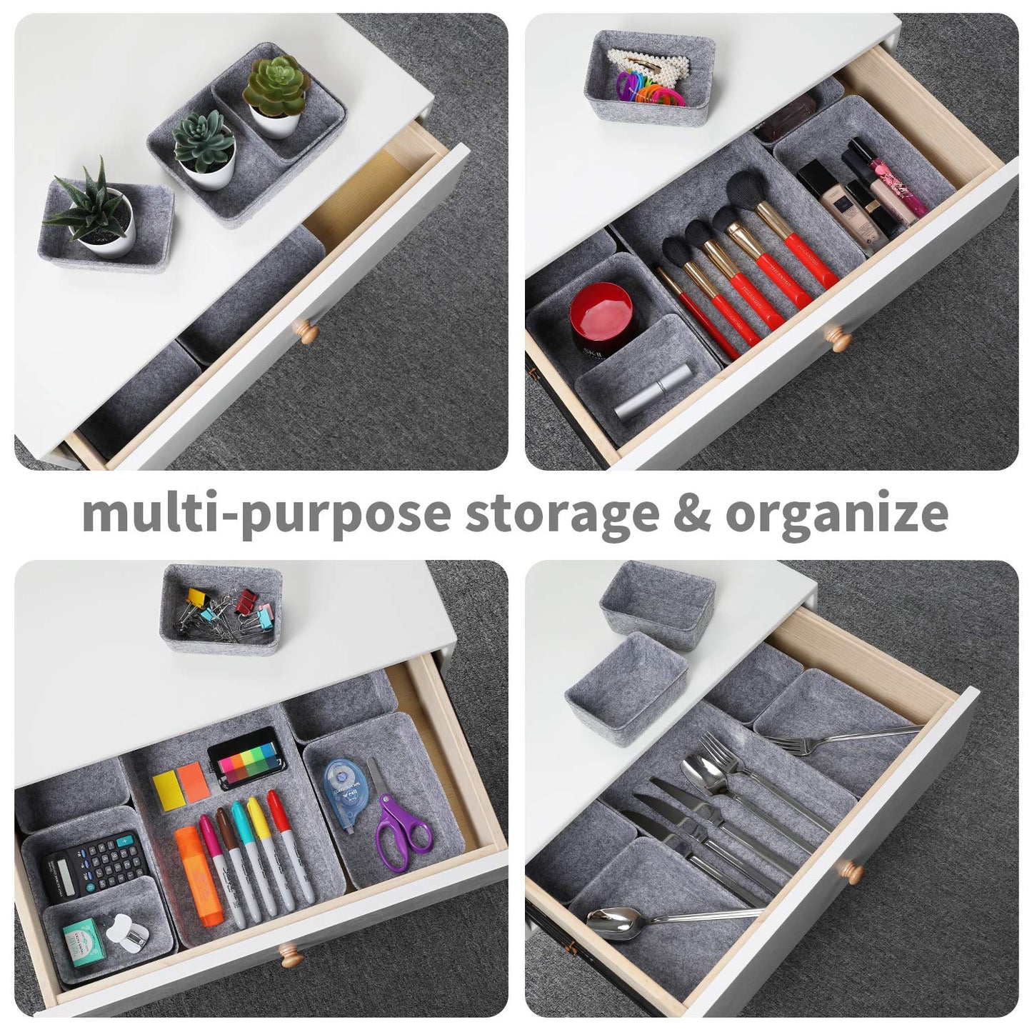 Welaxy 7pc Felt Desk Drawer Organizers Trays Gray Office Home Storage Bins