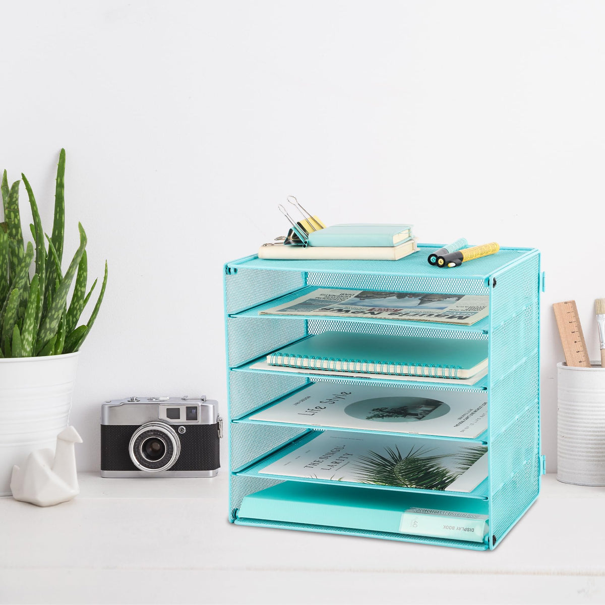 EASEPRES 5 Slot Mesh Desk Organizer Tray, File Paper Letter Folder Holder Desktop Paper Sorter Mail