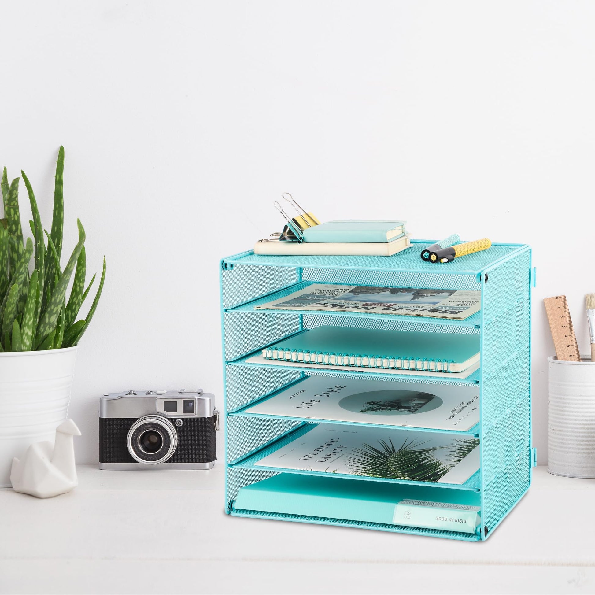 EASEPRES 5 Slot Mesh Desk Organizer Tray, File Paper Letter Folder Holder Desktop Paper Sorter Mail