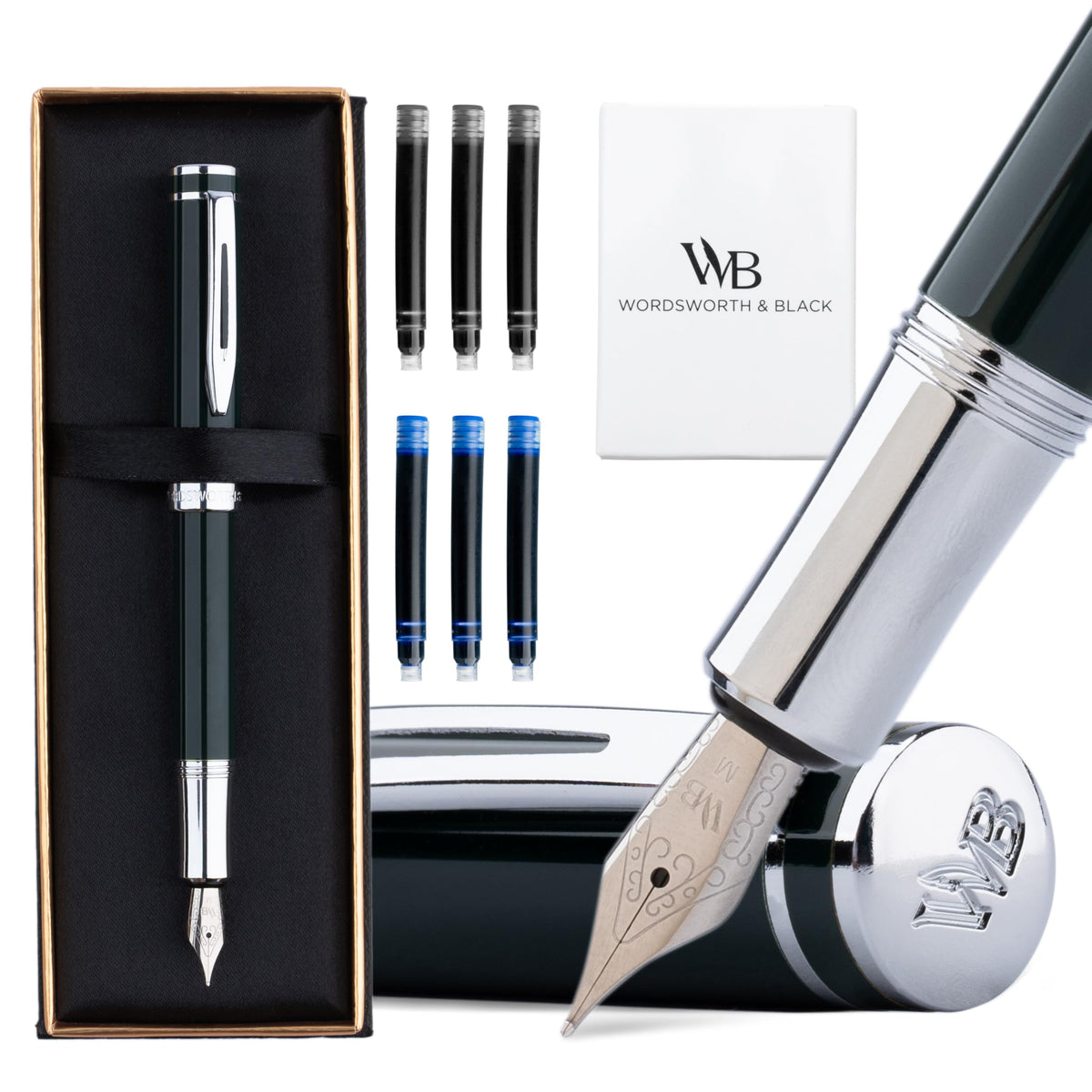 Wordsworth & Black Mini Pocket Fountain Pen for Writing, Medium Nib, Green