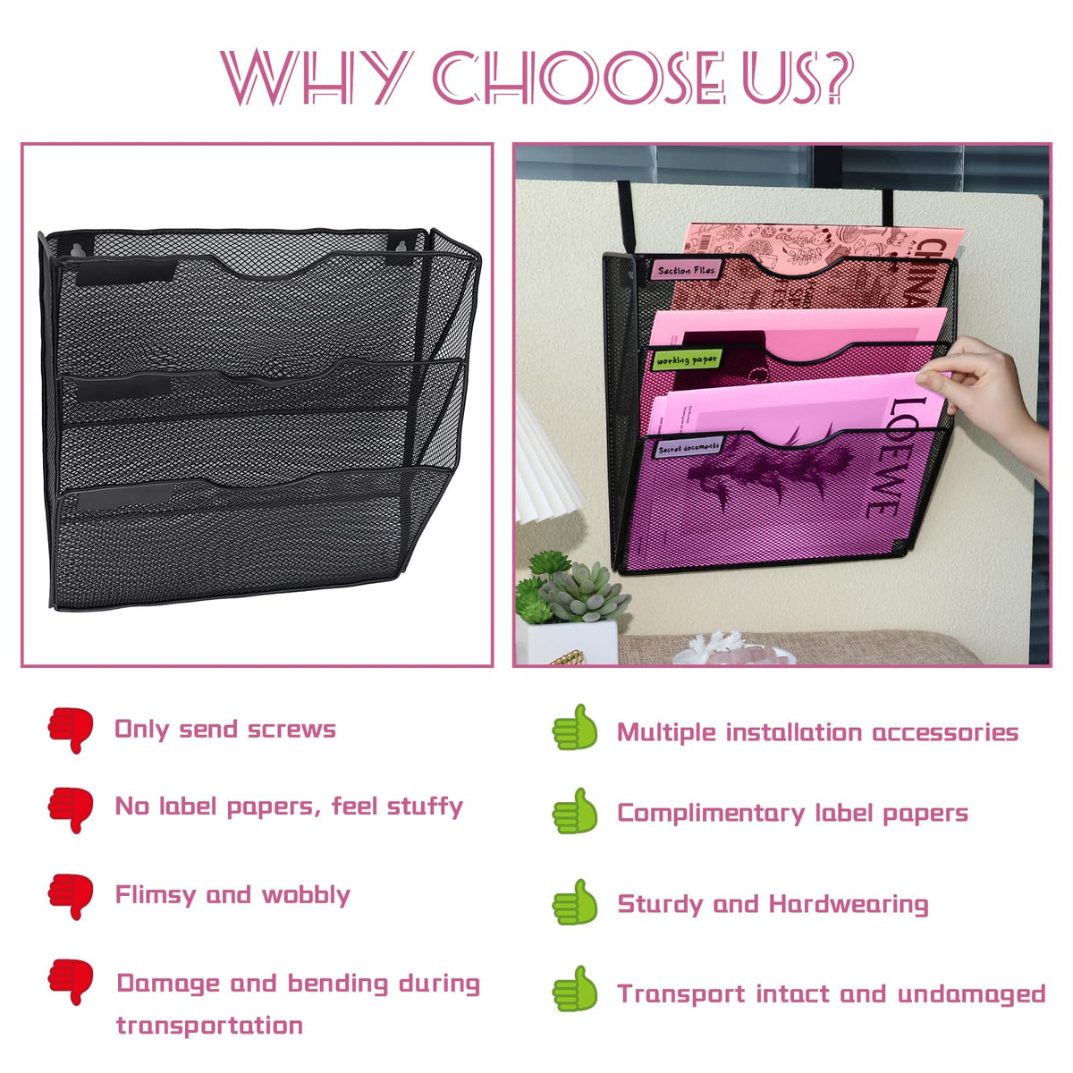 ideallife 3 Pockets Mesh Wall File Holder Organizer Office Hanging File Folder Magazine Rack