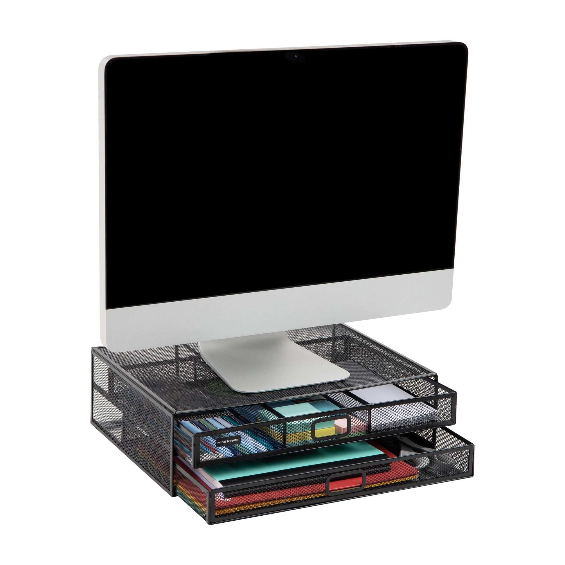 Mind Reader Monitor Stand, Ventilated Laptop Riser, Storage Drawer, Office, Metal Mesh, Black