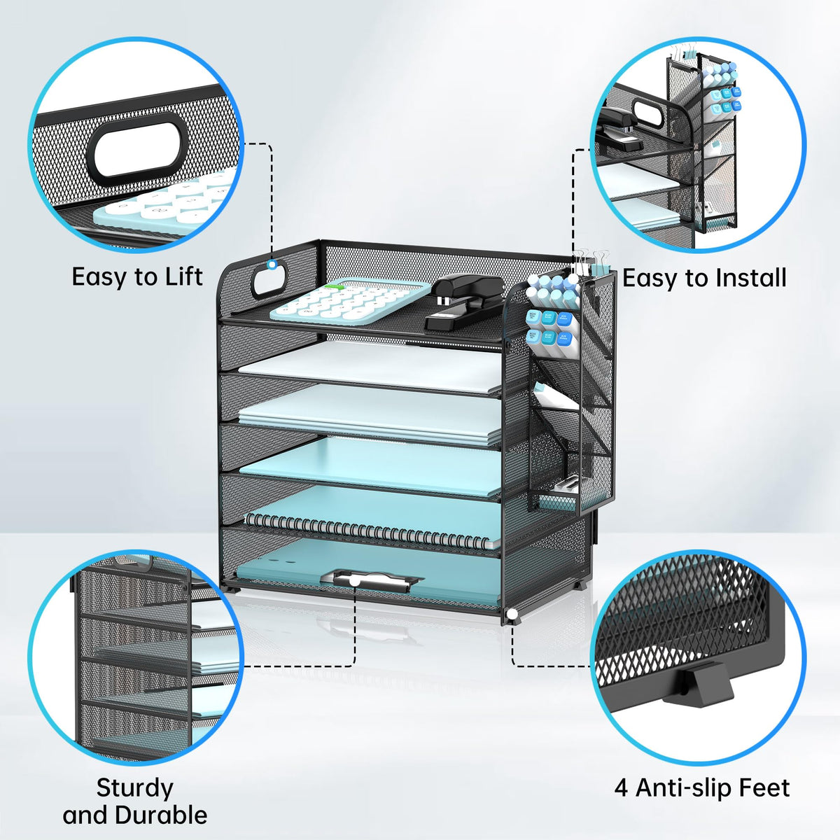 Supeasy 6 Tier Desk Organizer with 4 Pen Holders and Mesh Paper Trays Black
