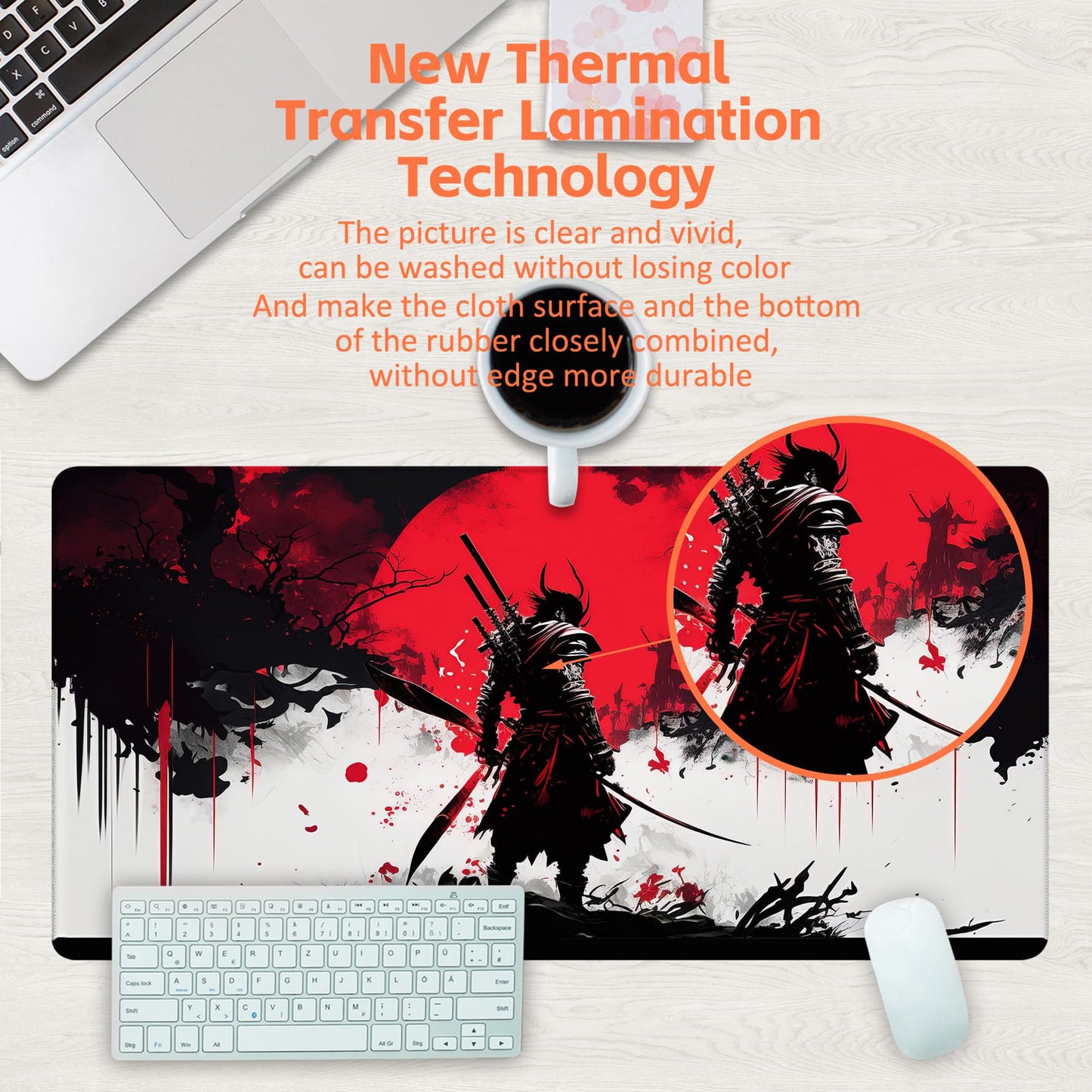 KOAIWPAE Large Gaming Mouse Pad, Cool Japanese Samurai Desk Mat, Red and White Samurai Desk Pad