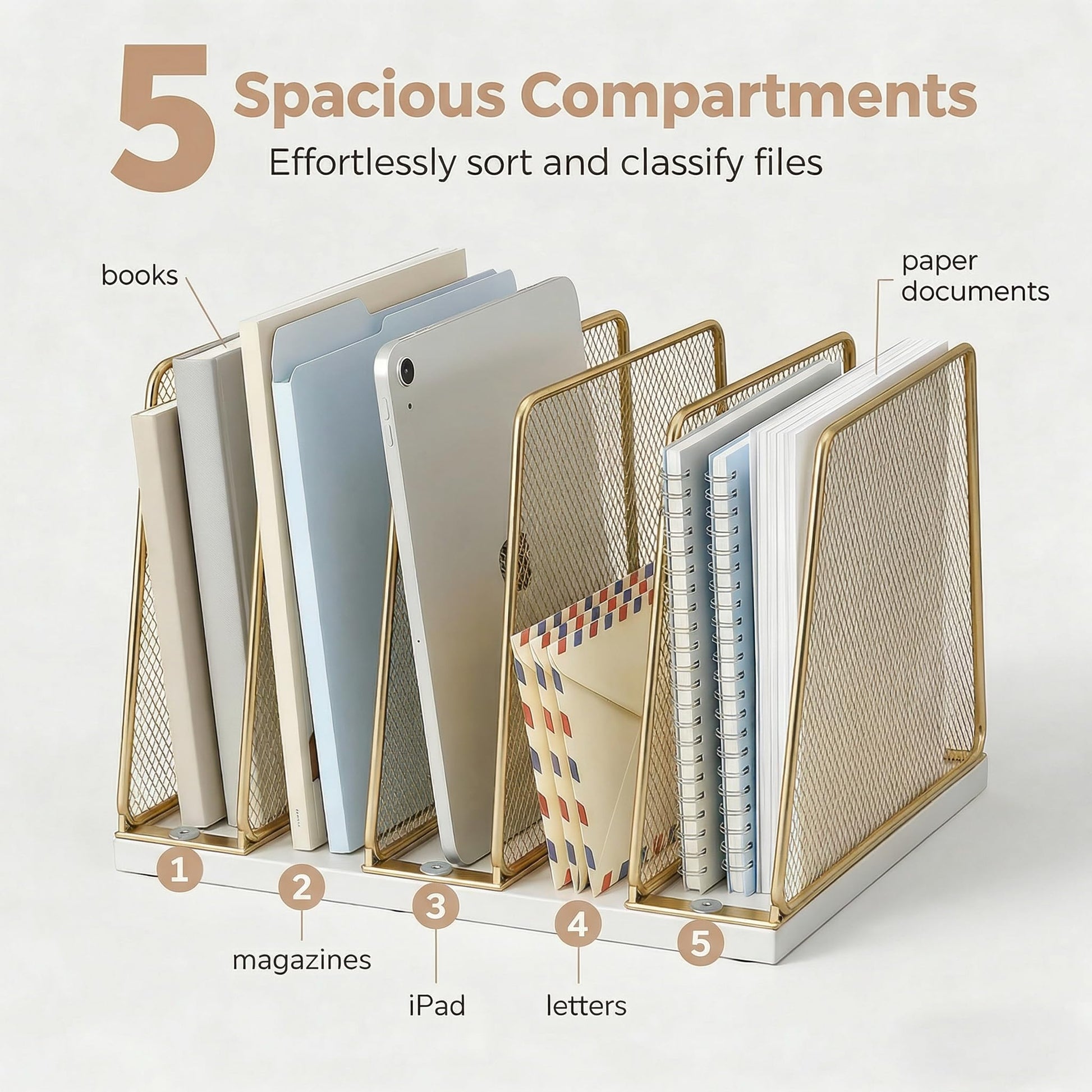 Becomrock 5-Section Vertical File Organizer for Desk, Gold