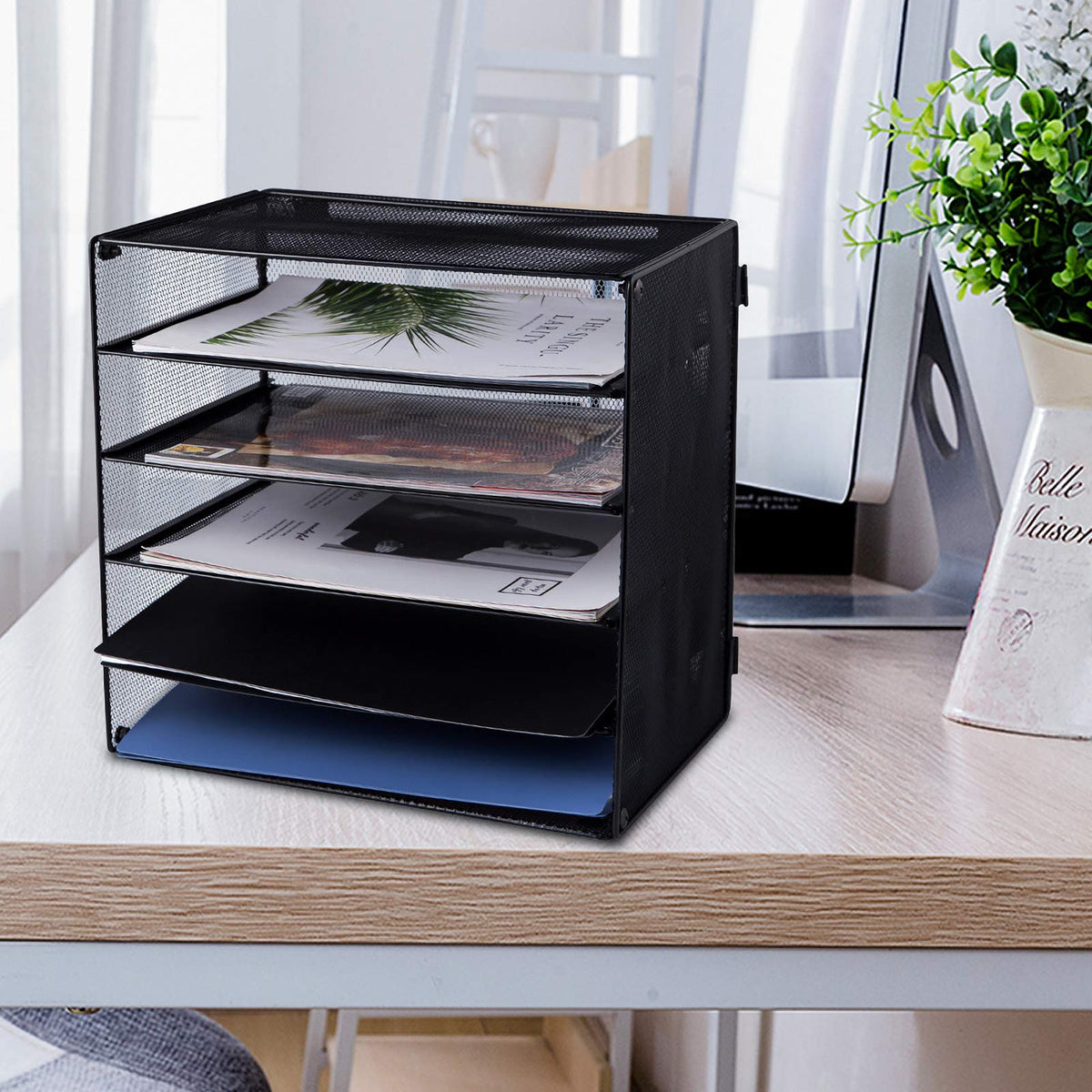 EASEPRES 5 Slot Mesh Desk Organizer Tray, File Paper Letter Folder Holder Desktop Paper Sorter Mail