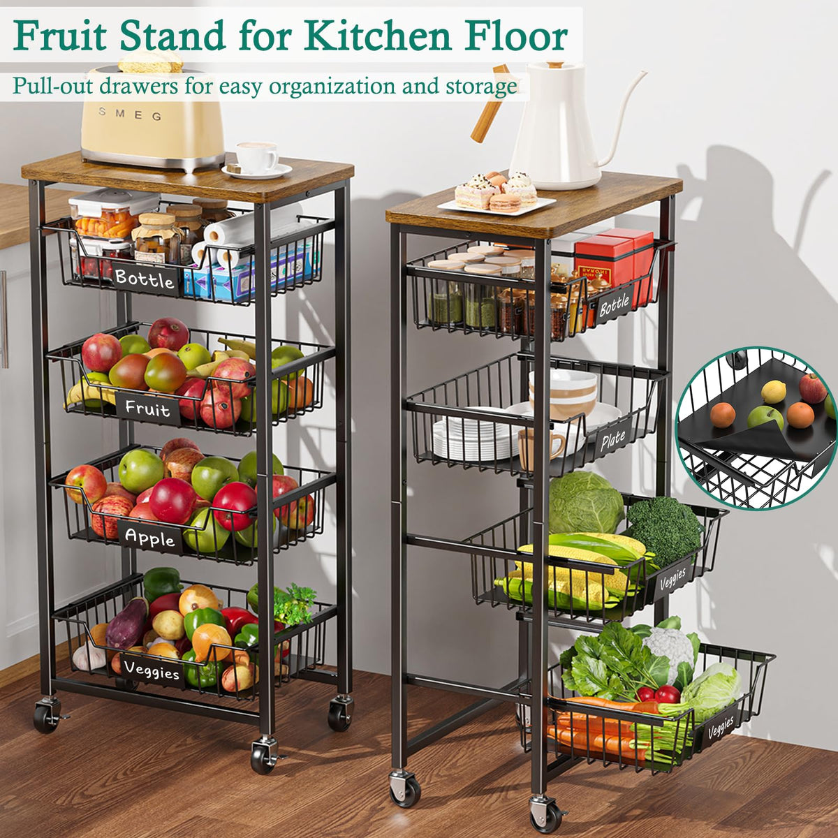 XYZLVSI Kitchen Storage Cart on Wheels, 5 Tier Fruit Vegetable Basket Rack