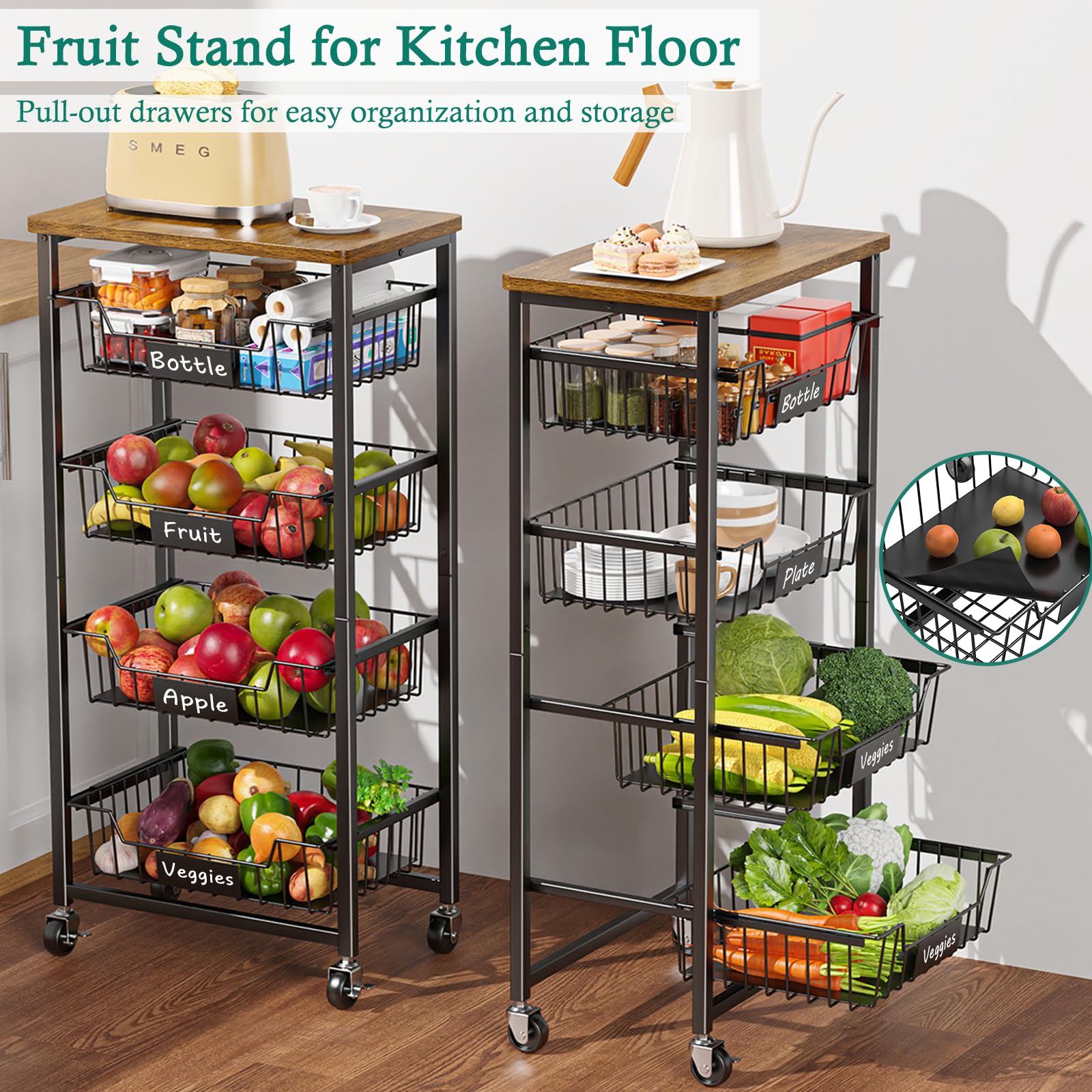 XYZLVSI Kitchen Storage Cart on Wheels, 5 Tier Fruit Vegetable Basket Rack