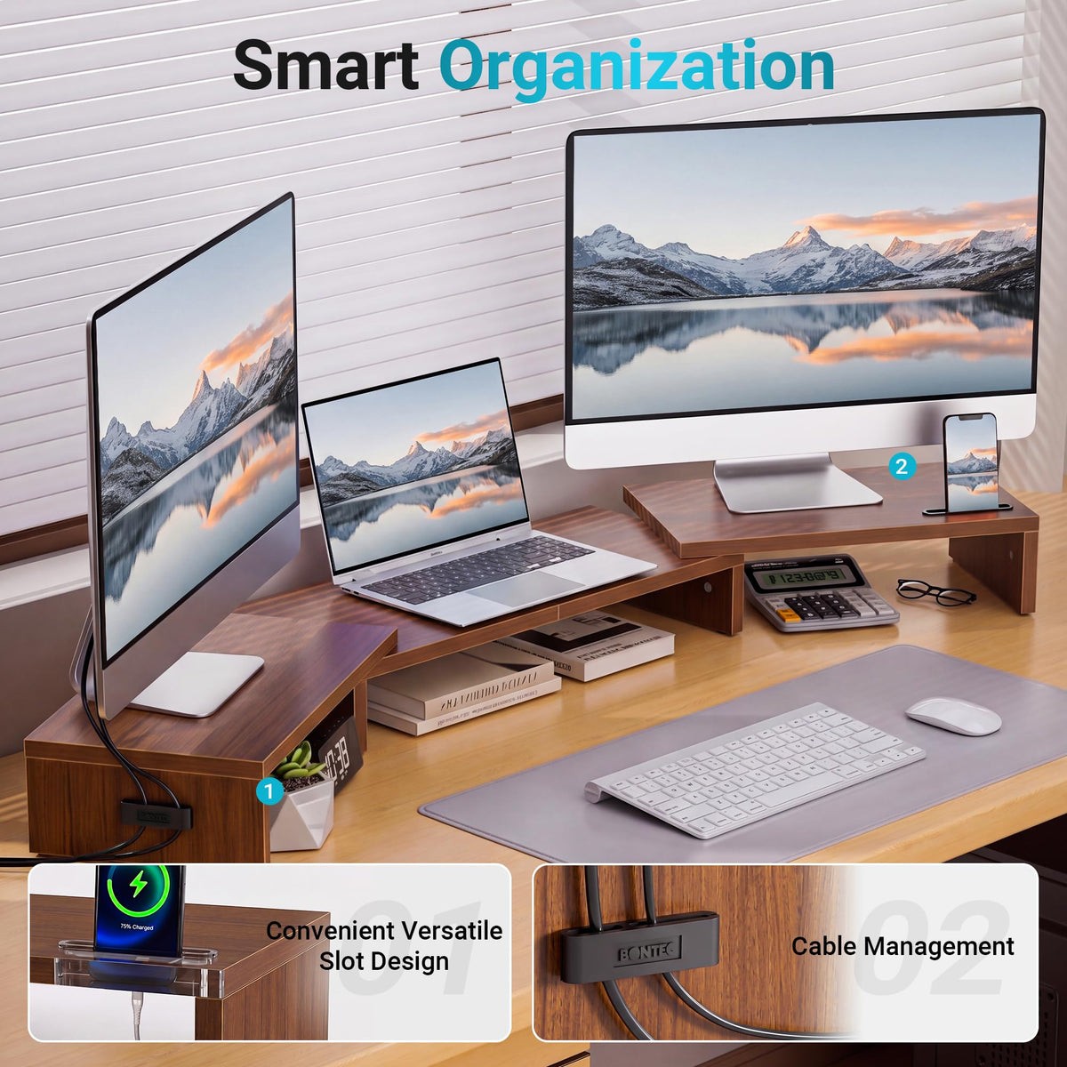 BONTEC Triple Monitor Stand Riser with Smartphone Holder, Walnut