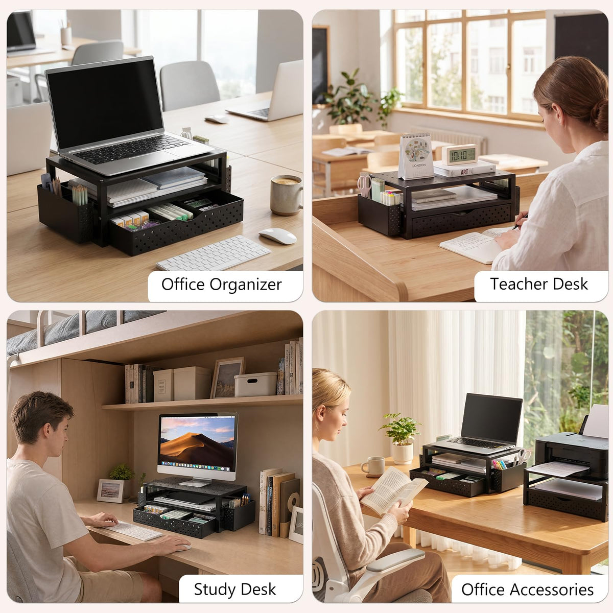 WALI Desk Organizer with Drawer and Pen Holder, 3 Tier Computer Monitor Stand for Home Office