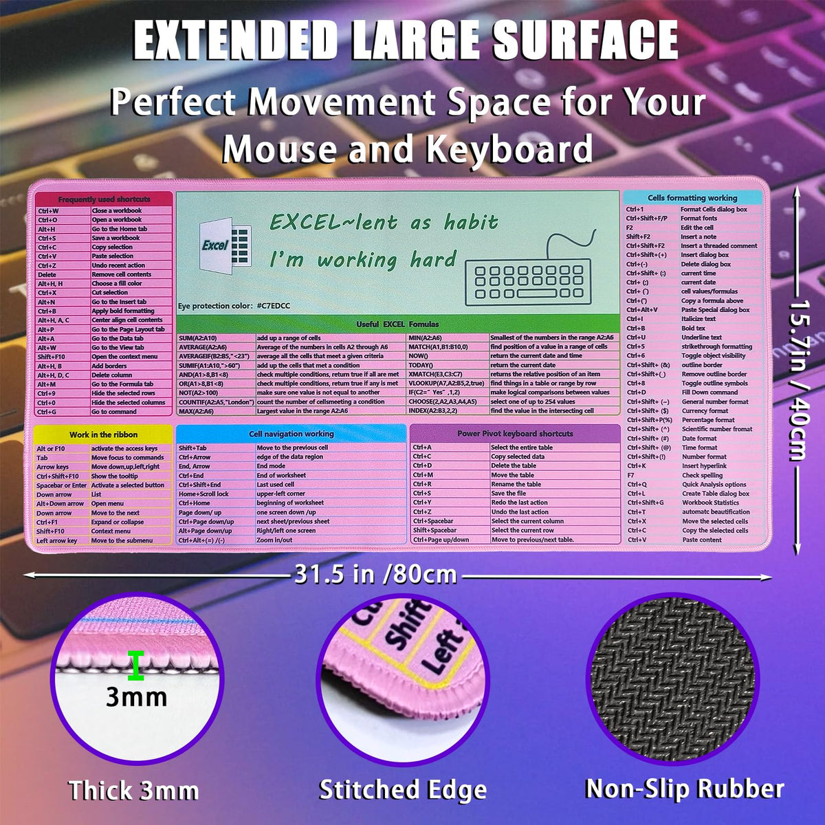 SHINYHARBOR Pink MS Excel Shortcut Mouse Pad Desk Mat